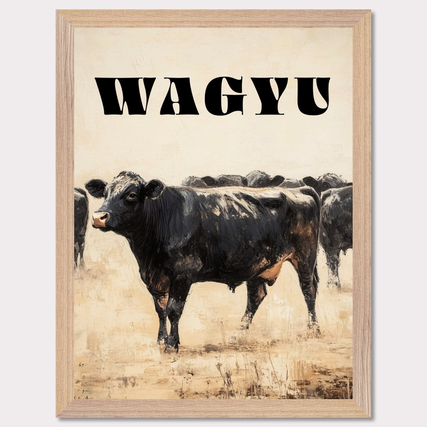 This image features a striking illustration of a Wagyu cow standing prominently in the foreground. The word "WAGYU" is boldly displayed at the top in large, black letters. The background shows more cows, adding depth to the scene.