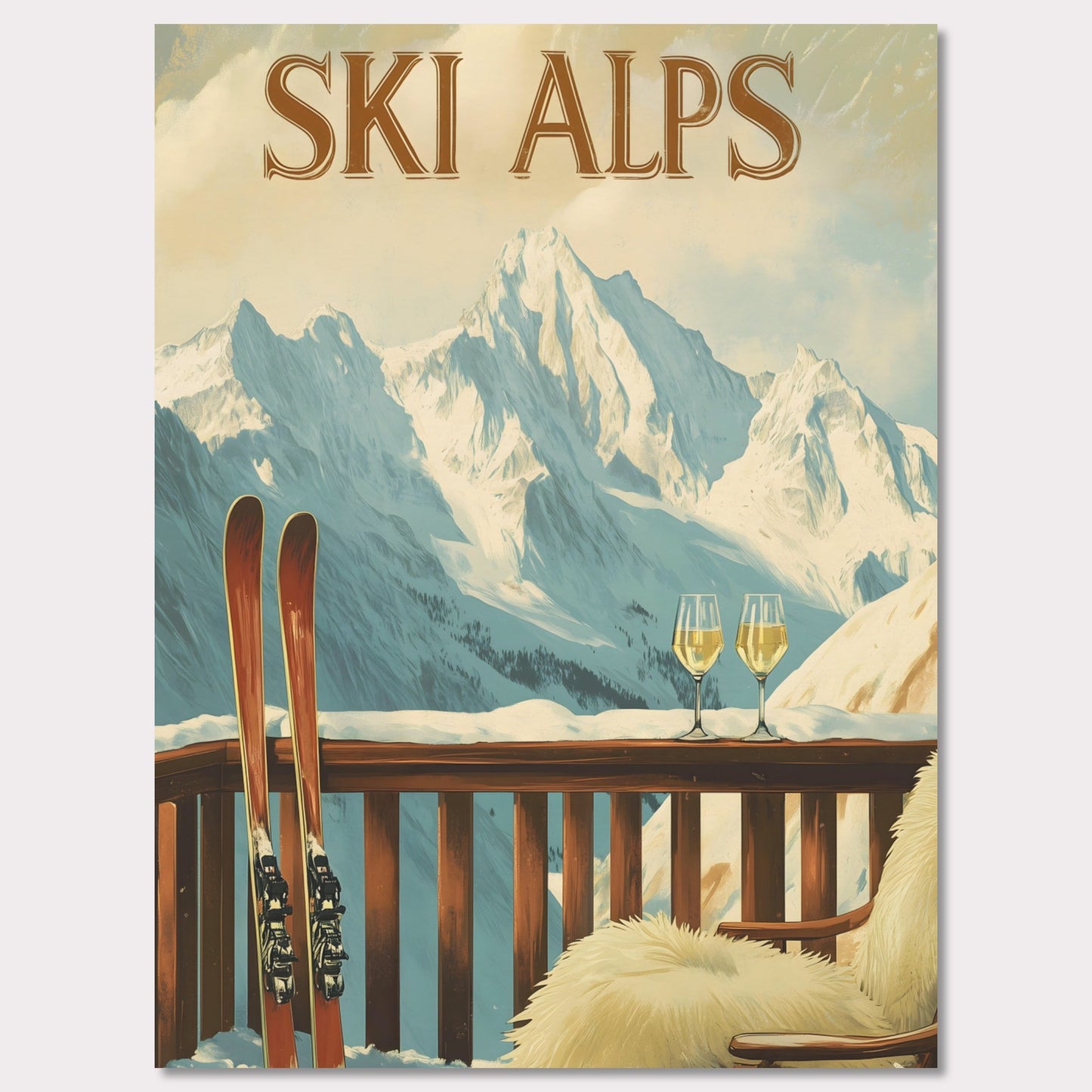 This soothing poster transports you to a tranquil alpine terrace with a breathtaking view of snow-covered peaks. A wooden chair draped in soft fur and paired with two glasses of sparkling wine sets the tone for a peaceful and intimate winter retreat.