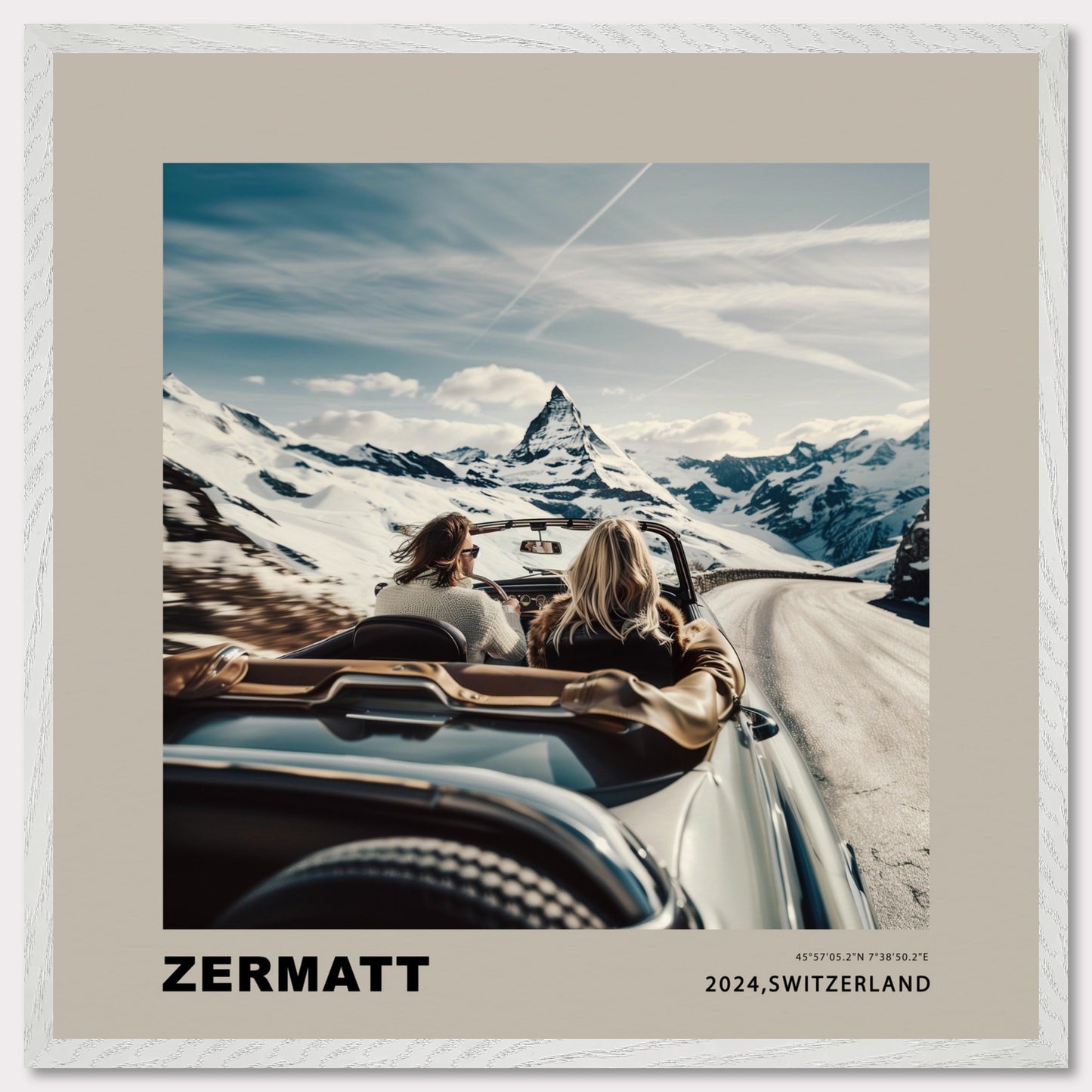 Experience the thrill of a scenic drive through the snowy mountains of Zermatt, Switzerland. This captivating image showcases two adventurers in a convertible, with the iconic Matterhorn standing majestically in the background.