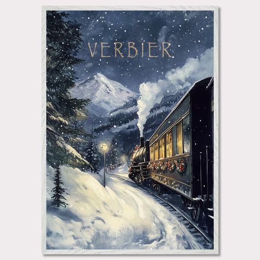 This charming, vintage-inspired poster transports you to a winter wonderland in Verbier, as a steam train adorned with festive decorations winds its way through a snowy mountain landscape. The warm glow from the train’s windows contrasts beautifully with the cool, snowy surroundings, creating a nostalgic and inviting atmosphere. The gentle snowfall and the towering mountain peaks in the background complete the serene yet adventurous feel of this picturesque winter journey.