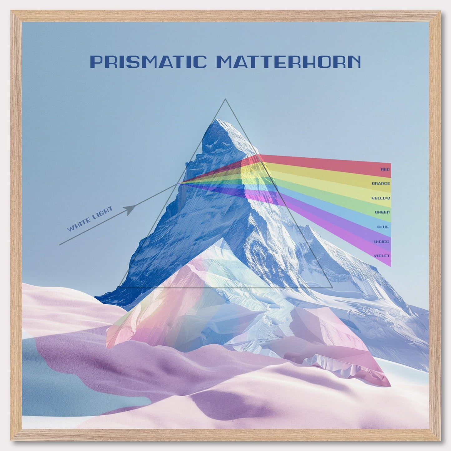 This image features a stunning illustration of the Matterhorn mountain with a prismatic effect. The mountain is depicted as a prism, dispersing white light into a spectrum of colors.