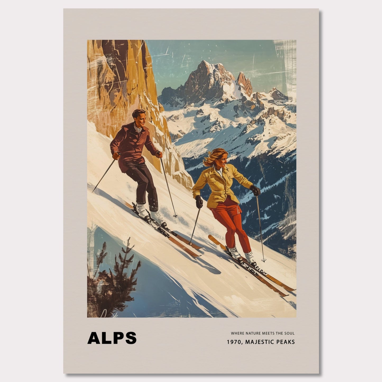 This striking vintage poster celebrates the grandeur of the Alps, depicting a dynamic pair of skiers descending snowy slopes with towering peaks in the background. Their confident movements against the crisp, majestic scenery capture the essence of alpine adventure. The warm, retro tones paired with the timeless typography evoke a sense of nostalgia and the spirit of mountain exploration.