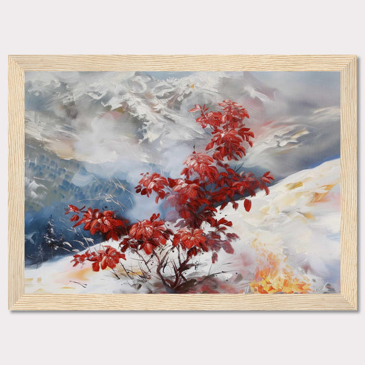 This captivating painting features a vibrant red bush standing out against a serene, snowy landscape. The background showcases majestic mountains partially obscured by mist, adding depth and mystery to the scene. The contrast between the fiery red leaves and the cool, muted tones of the snow and sky creates a striking visual effect.