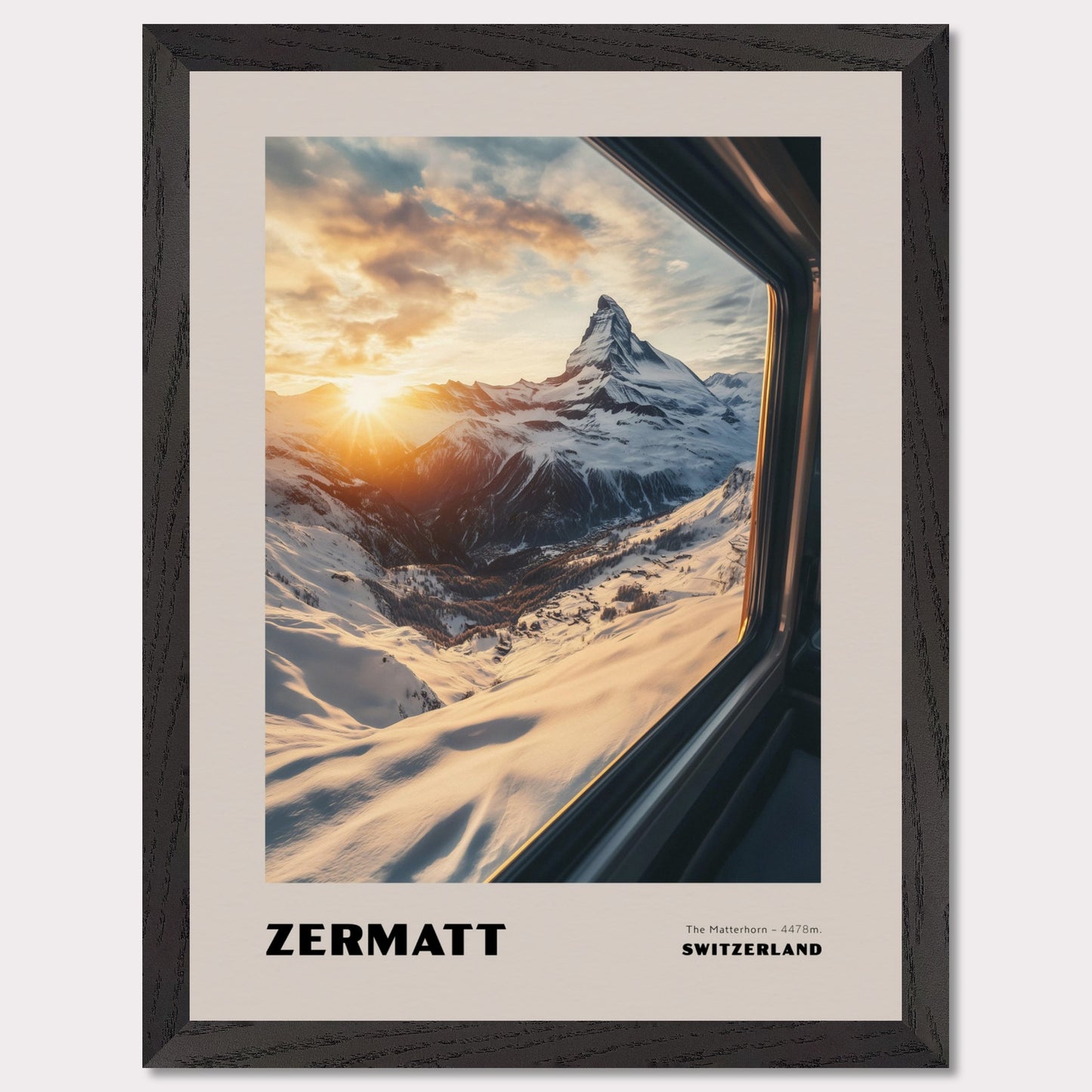 A stunning view of the Matterhorn bathed in golden sunset hues. Towering at 4478 meters, this legendary mountain has always drawn adventurers and travelers. The warm colors of the sunset create an extraordinary atmosphere, while the snow-covered slopes emphasize the purity and majesty of nature.