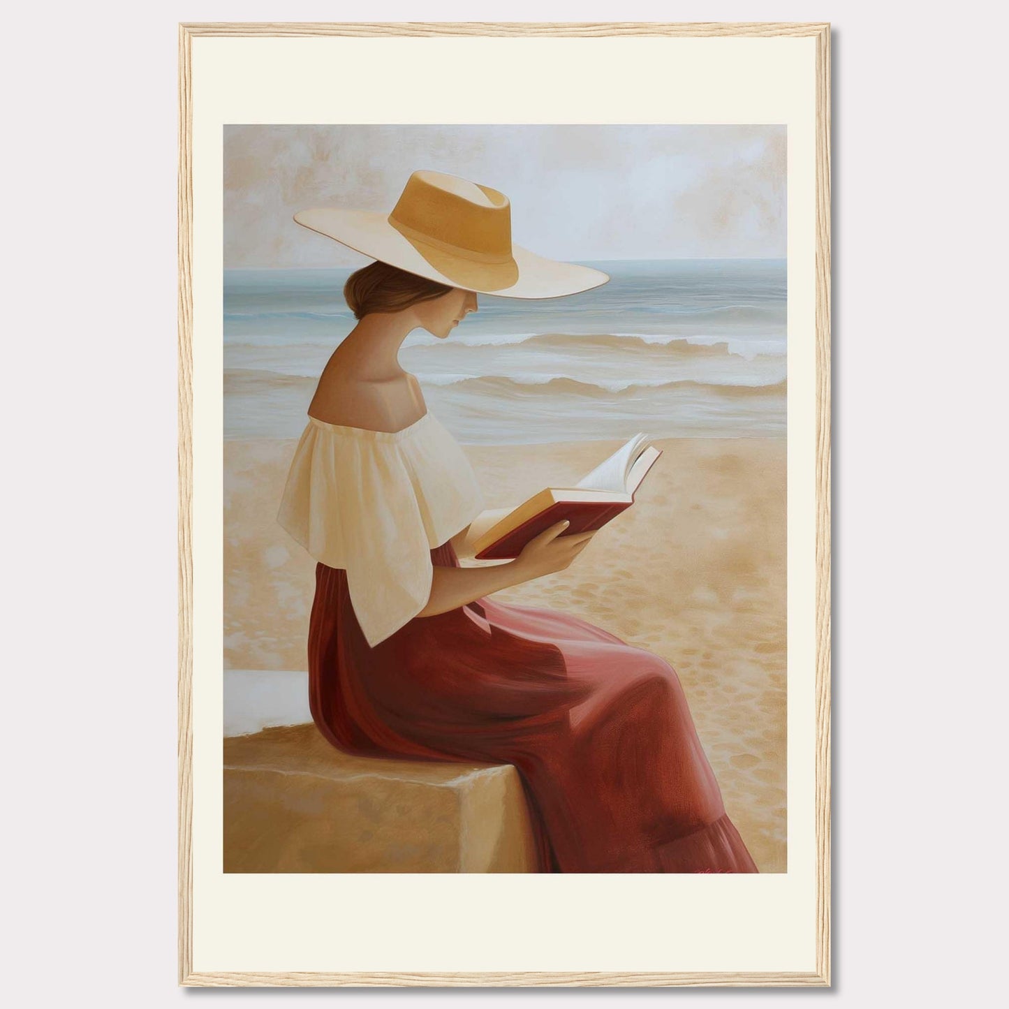 This serene painting depicts a woman sitting by the beach, engrossed in a book. She wears a wide-brimmed hat and a flowing dress, with the ocean waves gently rolling in the background.