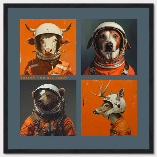 This whimsical artwork features four animals dressed as astronauts, ready for a space adventure. The animals include a cow, a dog, a bear, and a deer, each wearing an orange space suit and helmet. The text "SpaceX - we are ready" adds a playful touch to the image.