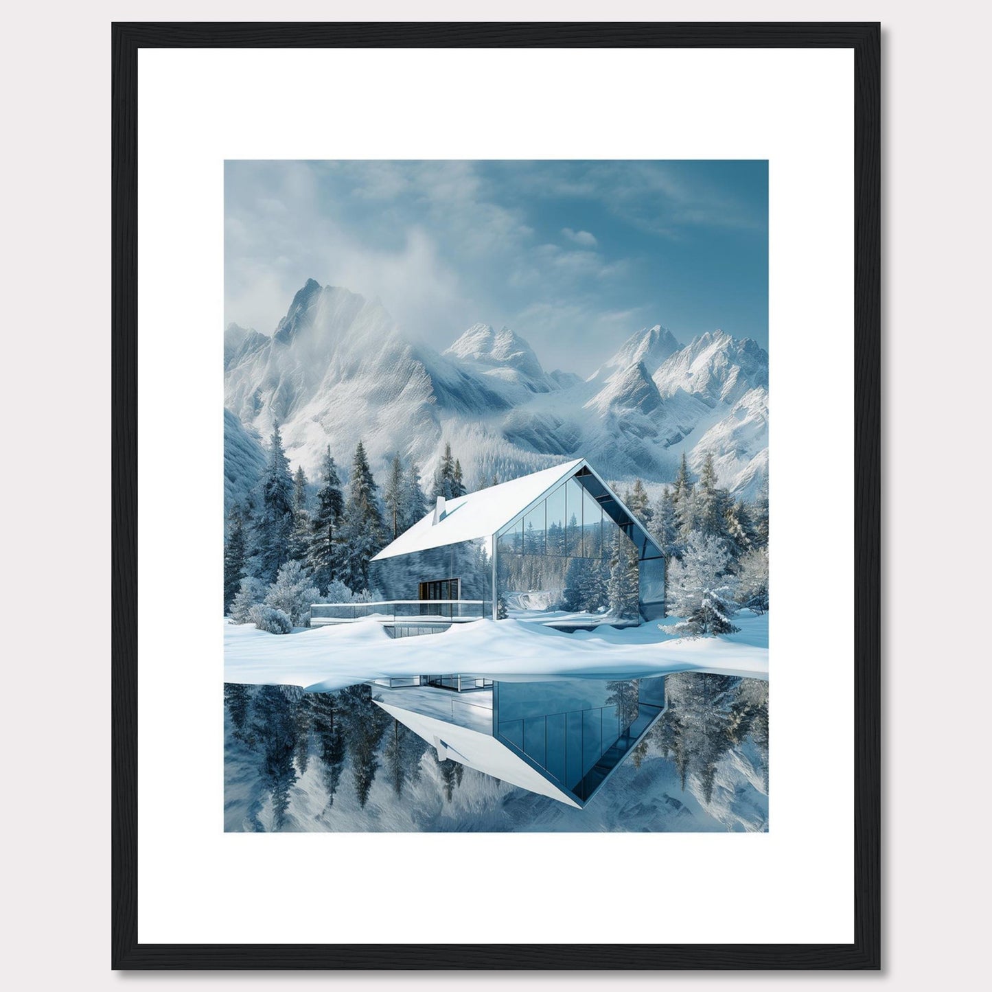 This stunning image showcases a modern glass house nestled in a serene snowy landscape, with majestic mountains in the background. The reflection of the house and trees on the calm water adds to the tranquil ambiance.