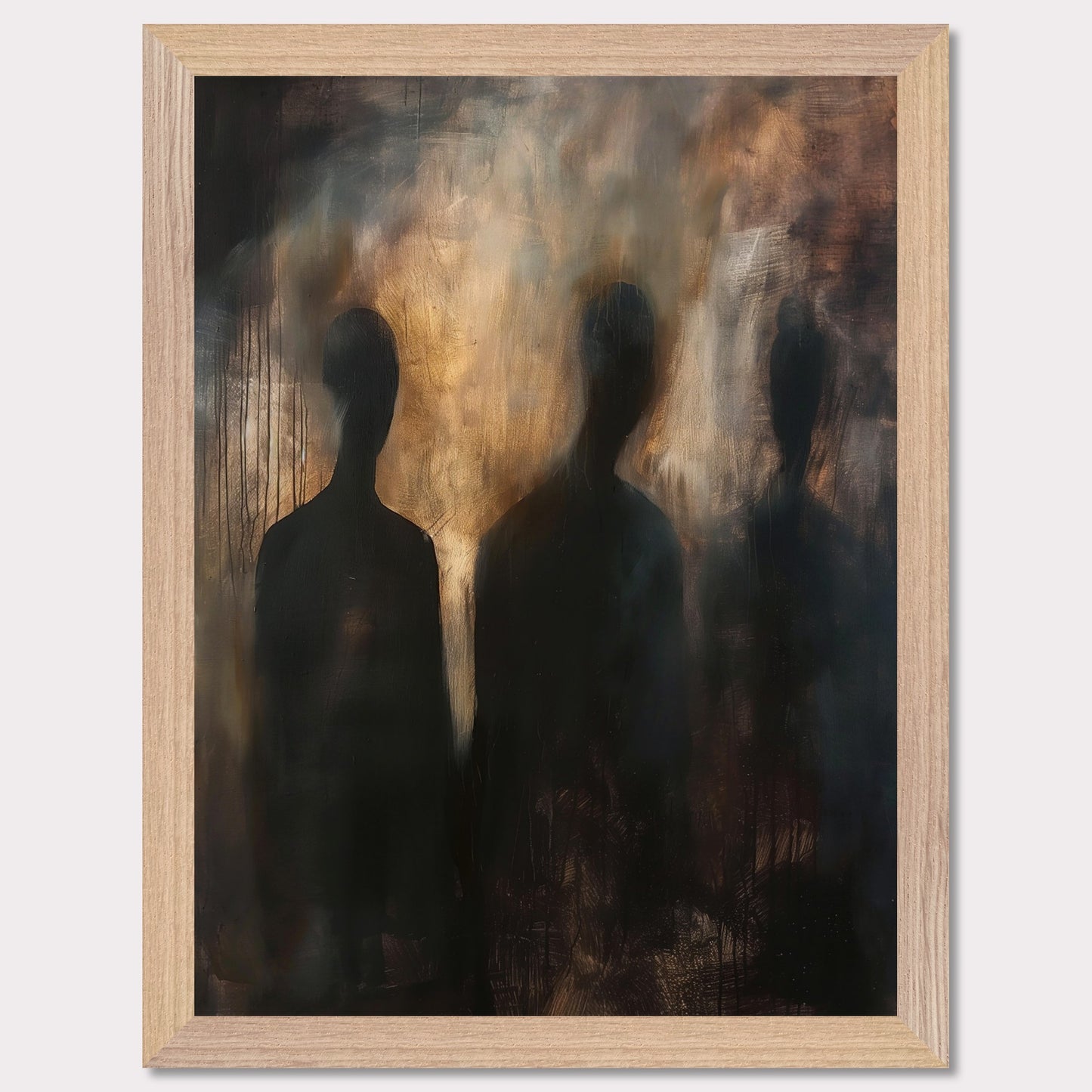 This evocative painting features three shadowy figures set against a smoky, abstract background. The use of dark and muted tones creates a mysterious and haunting atmosphere, inviting viewers to contemplate the unknown. The blending of colors and indistinct forms evoke emotions of intrigue and curiosity.