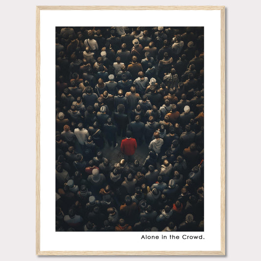 This image depicts a lone individual in a red coat standing amidst a dense crowd of people, all dressed in darker colors. The contrast highlights the feeling of isolation despite being surrounded by others.