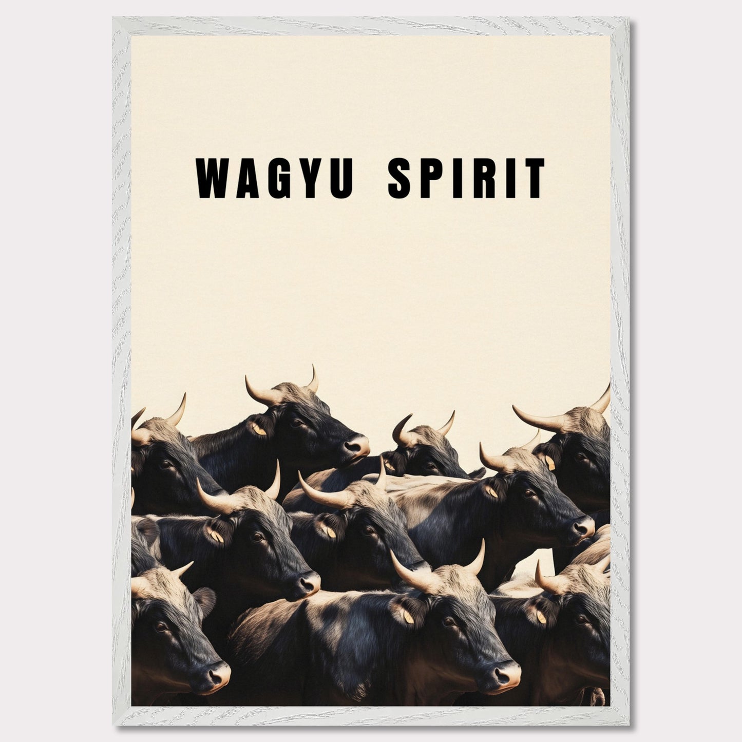 This illustration shows a group of black cattle with horns, set against a light background. The text "WAGYU SPIRIT" is prominently displayed at the top.

This poster will fit well in a kitchen, dining area, restaurant, or any space related to food and culinary arts.