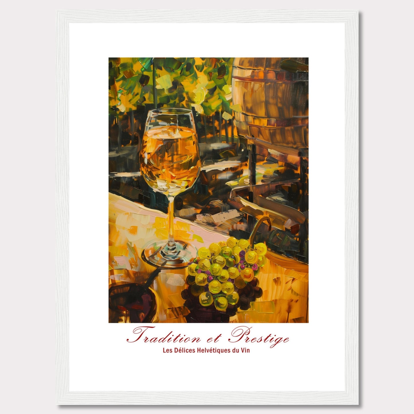 This image showcases a beautifully painted scene of a wine glass filled with white wine, set against a backdrop of a vineyard. The painting captures the essence of tradition and prestige in winemaking.