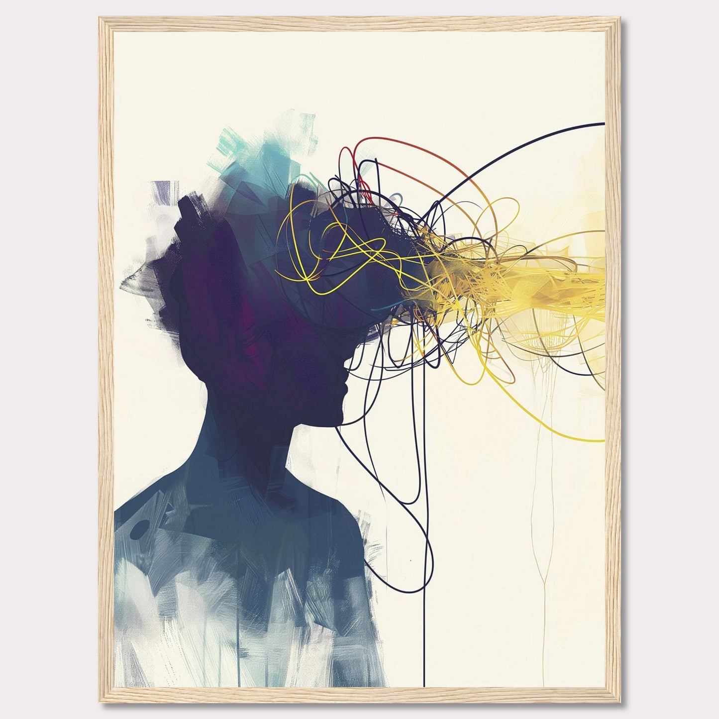 This captivating artwork features the silhouette of a person with an explosion of colorful, tangled lines emanating from their head, representing thoughts and creativity. The abstract design is set against a minimalist background, contrasting the vibrant colors with the dark silhouette.