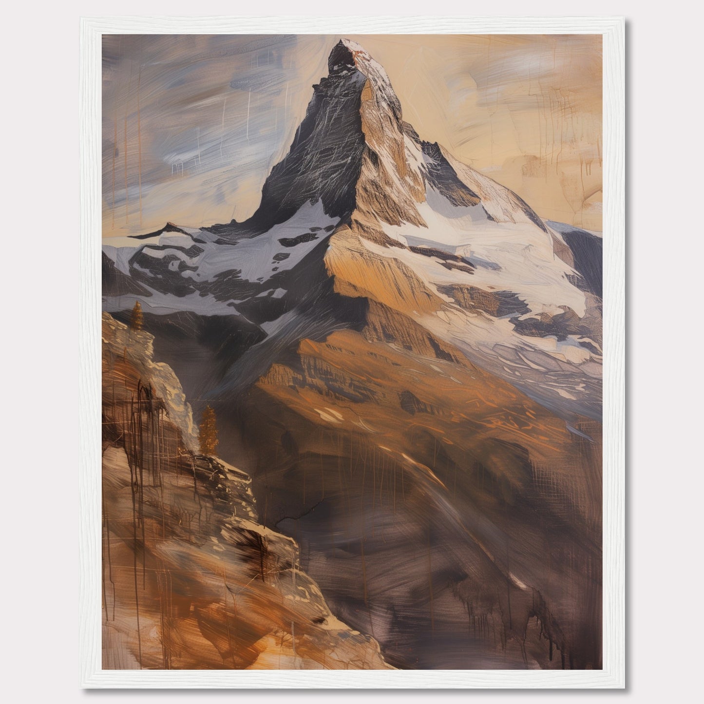 This stunning artwork captures the majestic beauty of a towering mountain peak bathed in warm, golden light. The painting showcases the rugged textures and dramatic contrasts of the rocky terrain, with snow-capped sections adding to its grandeur.