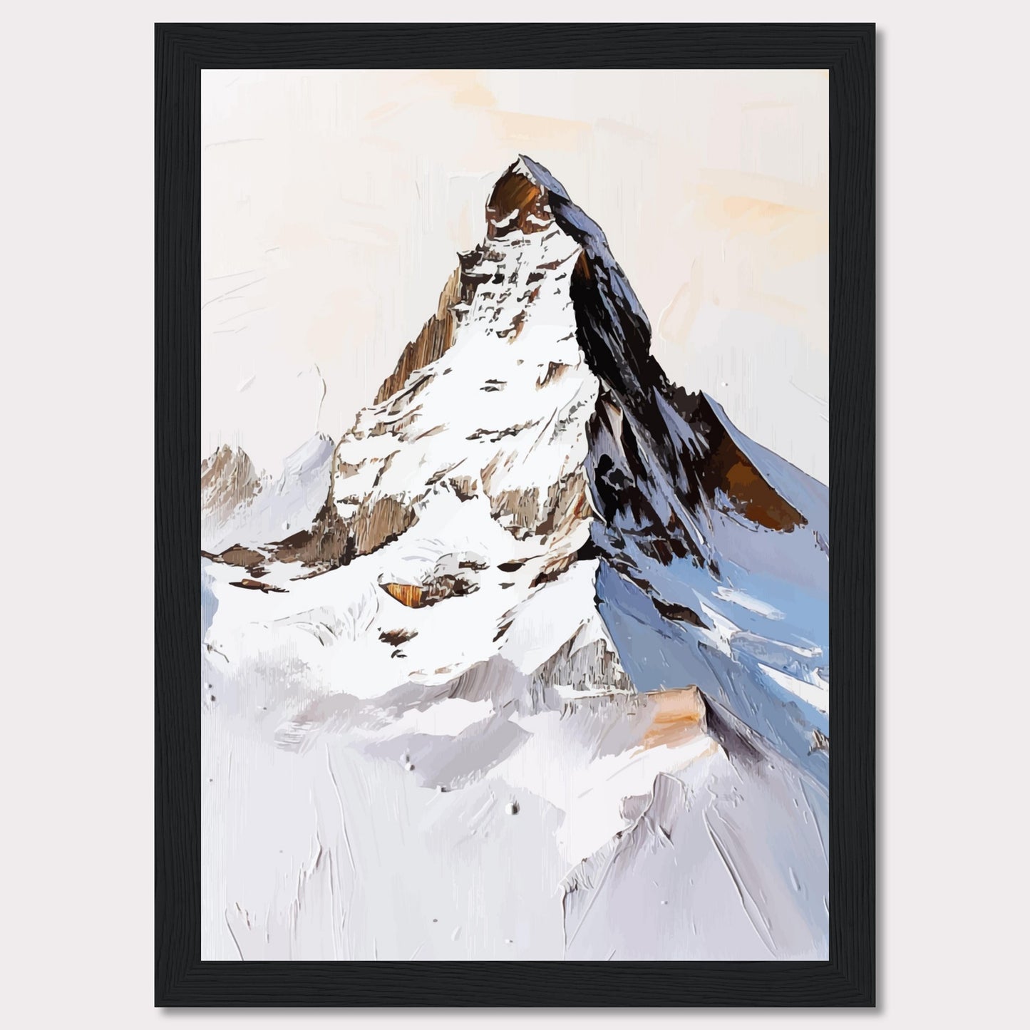 This image showcases a striking painting of a snow-covered mountain peak, likely inspired by the majestic Matterhorn. The artwork features bold brush strokes and a mix of white, brown, and blue hues, capturing the rugged beauty of the alpine landscape.