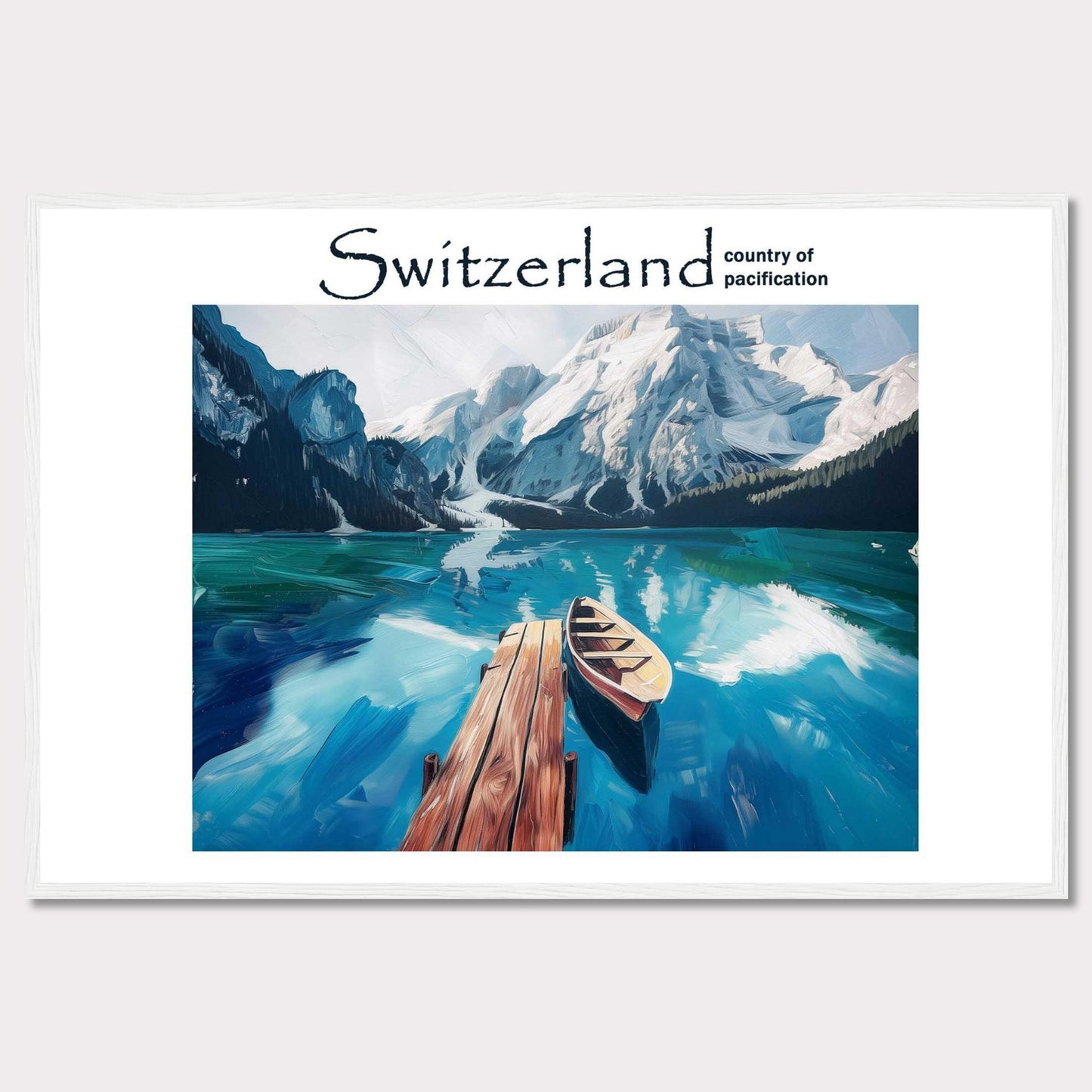 This image showcases a serene lake in Switzerland, surrounded by majestic snow-capped mountains. A wooden dock extends into the calm, reflective waters, where a lone boat is moored. The scene is tranquil and inviting, epitomizing the peacefulness of the Swiss landscape.