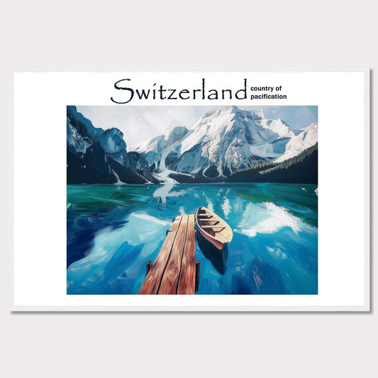 This image showcases a serene lake in Switzerland, surrounded by majestic snow-capped mountains. A wooden dock extends into the calm, reflective waters, where a lone boat is moored. The scene is tranquil and inviting, epitomizing the peacefulness of the Swiss landscape.