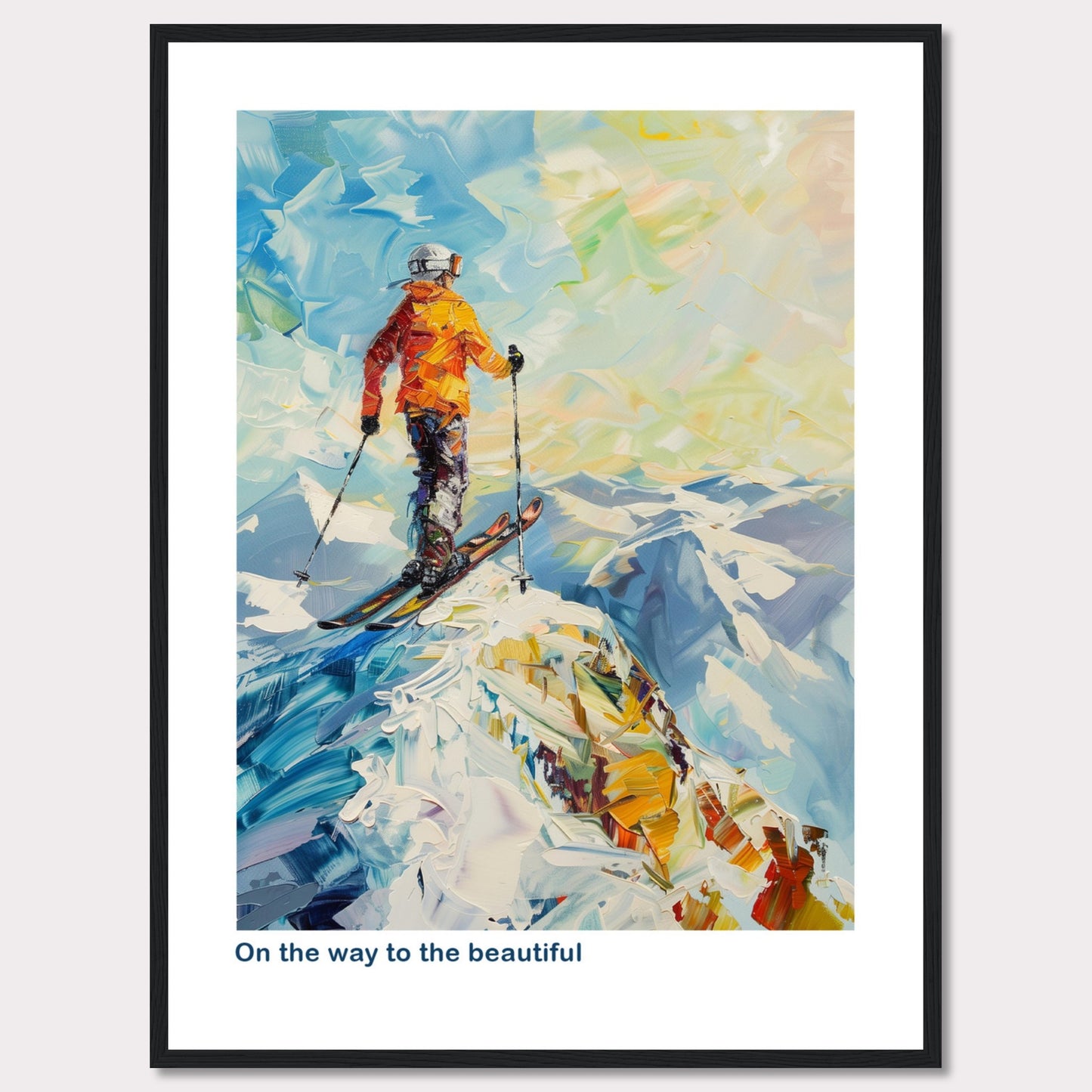 This vibrant painting captures a skier standing at the peak of a snowy mountain, ready to descend. The skier is dressed in an orange jacket and helmet, holding ski poles. The background features a stunning array of colors depicting the sky and distant mountains.