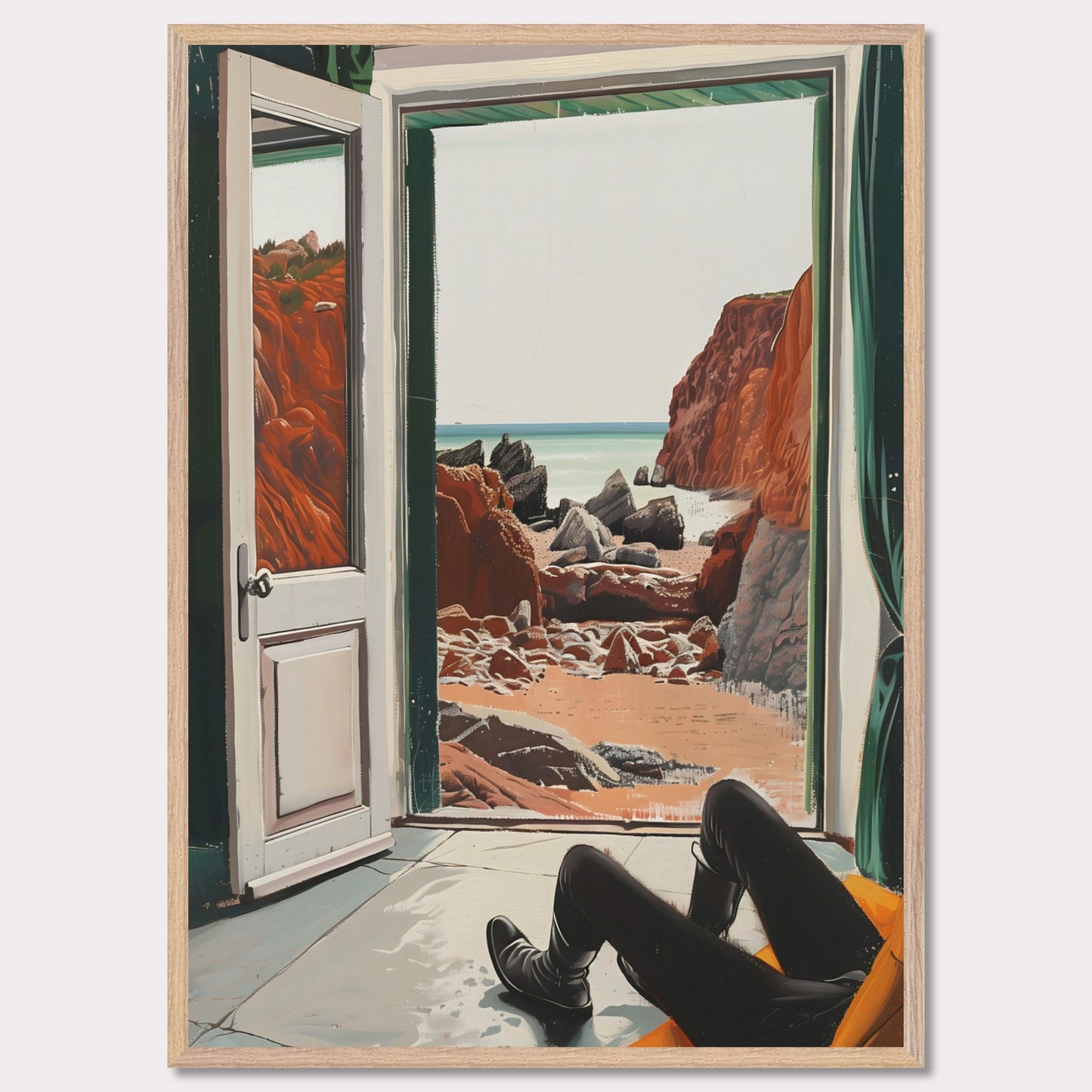 This image captures a serene view of a rocky beach through an open door. The scene is framed by the interior of a room where a person is seated, legs stretched out, possibly relaxing and enjoying the view.