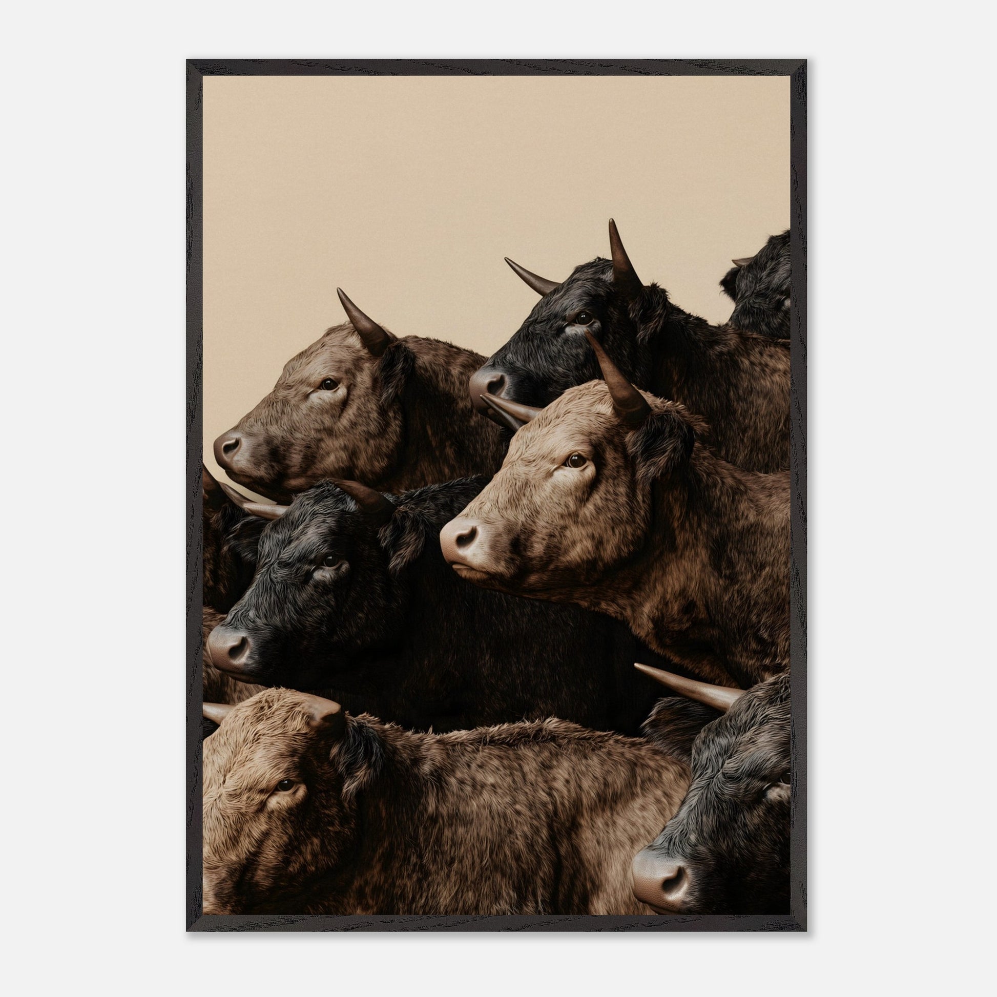 This illustration depicts a group of oxen with varying shades of brown and black fur, closely packed together against a plain beige background.

This poster will fit well in rustic or farmhouse-style interiors, animal-themed spaces, or art collections focusing on wildlife.