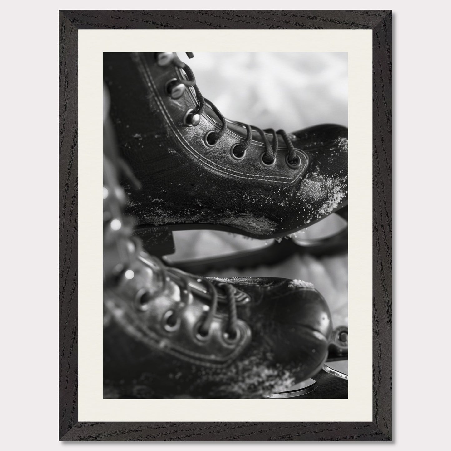 This illustration shows a close-up of a pair of ice skates with laces and blades, featuring a frosty texture. The black-and-white image captures the details of the skates, emphasizing their rugged and worn appearance. 