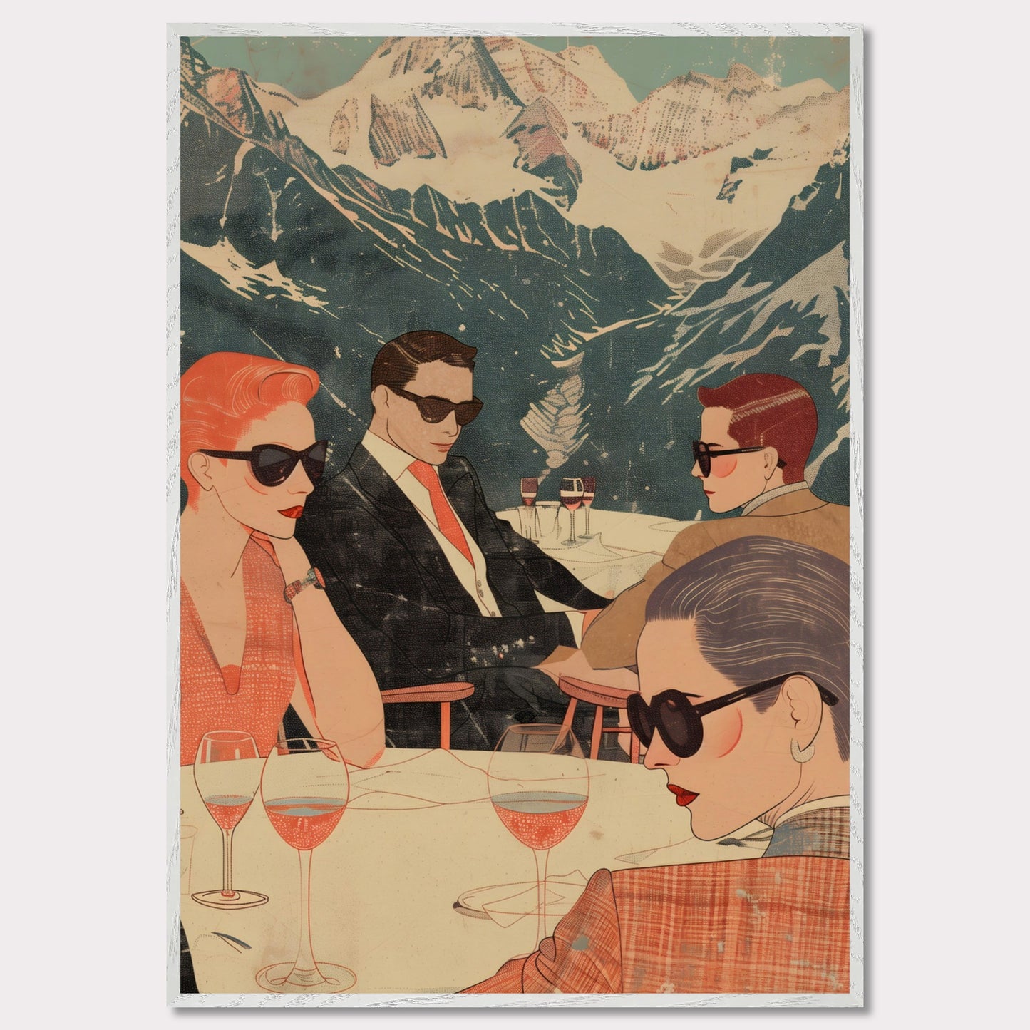 This captivating illustration depicts a stylish group of individuals enjoying a sophisticated gathering with a stunning mountain backdrop.