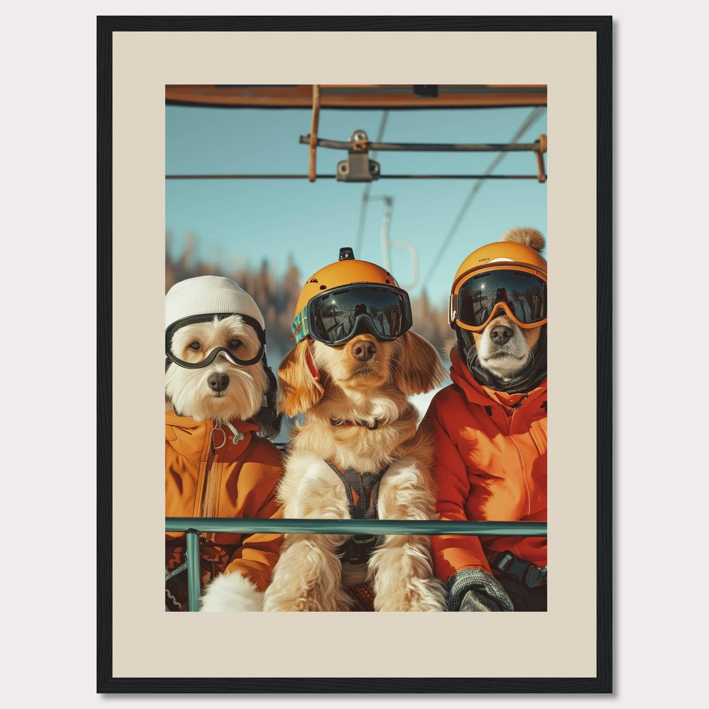 This charming photo features three adorable dogs dressed in winter gear, complete with helmets and goggles, enjoying a ride on a ski lift. The bright blue sky and snowy background add to the fun and adventurous atmosphere.