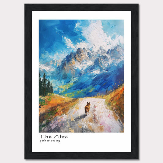 This painting captures the breathtaking beauty of the Alps with vibrant colors and dynamic brushstrokes. A lone hiker walks along a winding path, surrounded by majestic mountains under a bright blue sky.