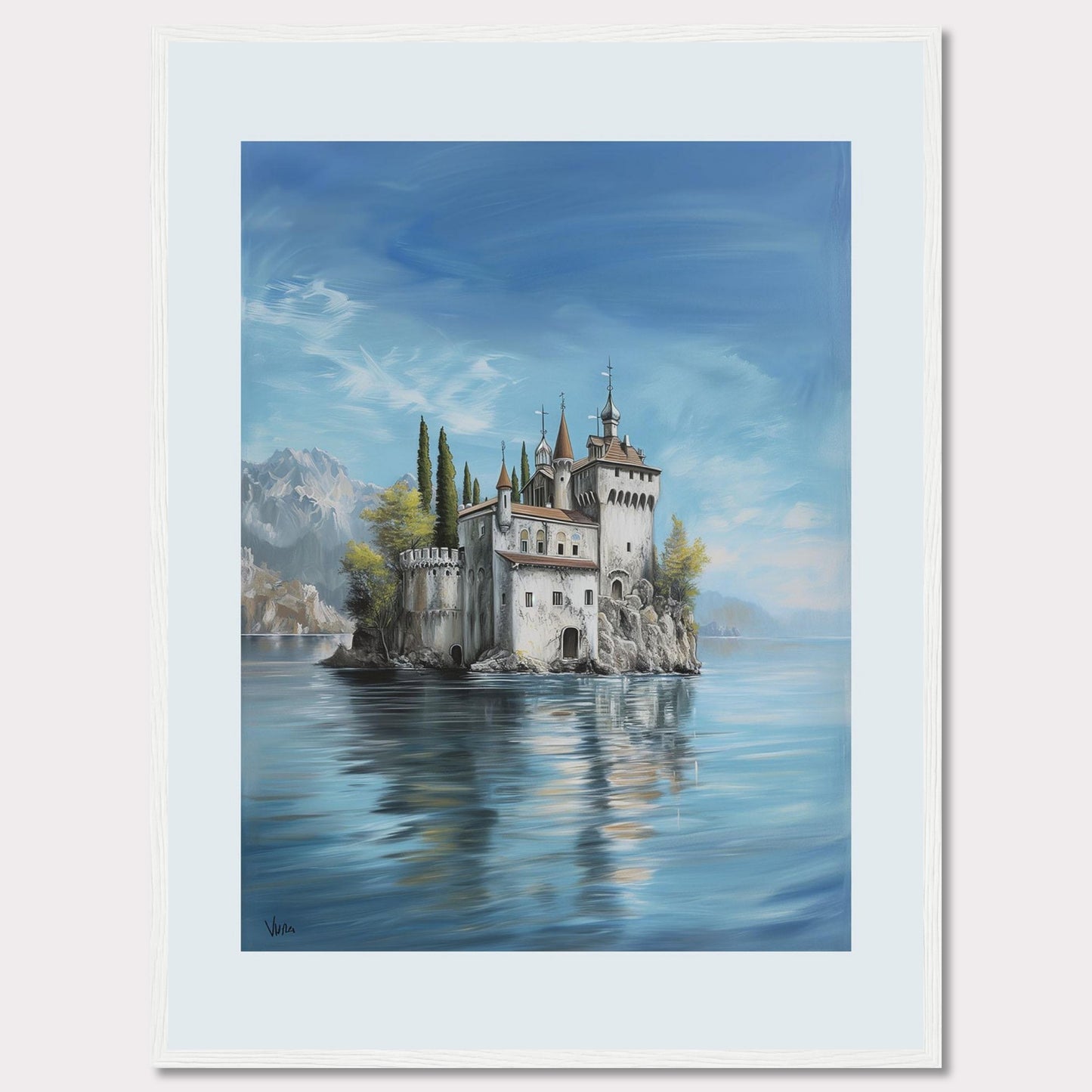 This stunning painting captures the serene beauty of a majestic castle perched on a small island, surrounded by calm waters. The scene is set against a backdrop of distant mountains and a clear blue sky, evoking a sense of tranquility and wonder.