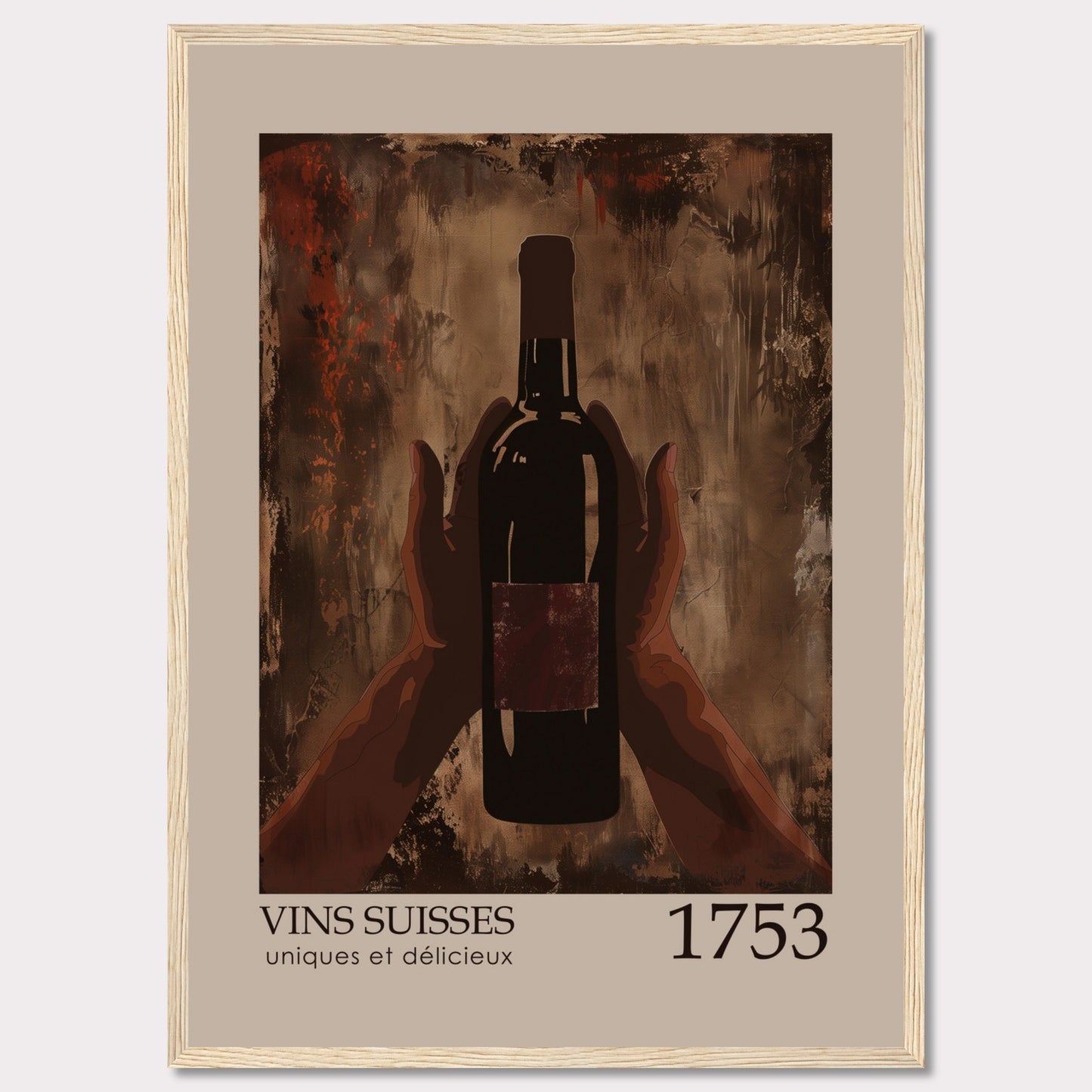 This image showcases a framed poster featuring a bottle of wine held by two hands against an abstract, textured background.