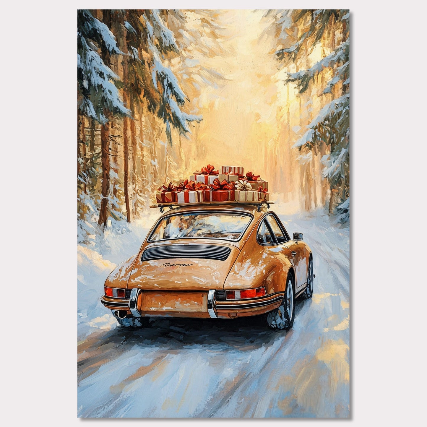 This festive poster showcases a yellow Porsche navigating a snow-covered path with holiday presents stacked on its roof. The warm glow from the trees lining the road creates a magical winter scene, while the "Merry Christmas" typography evokes the warmth and joy of the holiday season. The combination of sleek design and a peaceful winter landscape makes this a perfect holiday greeting.