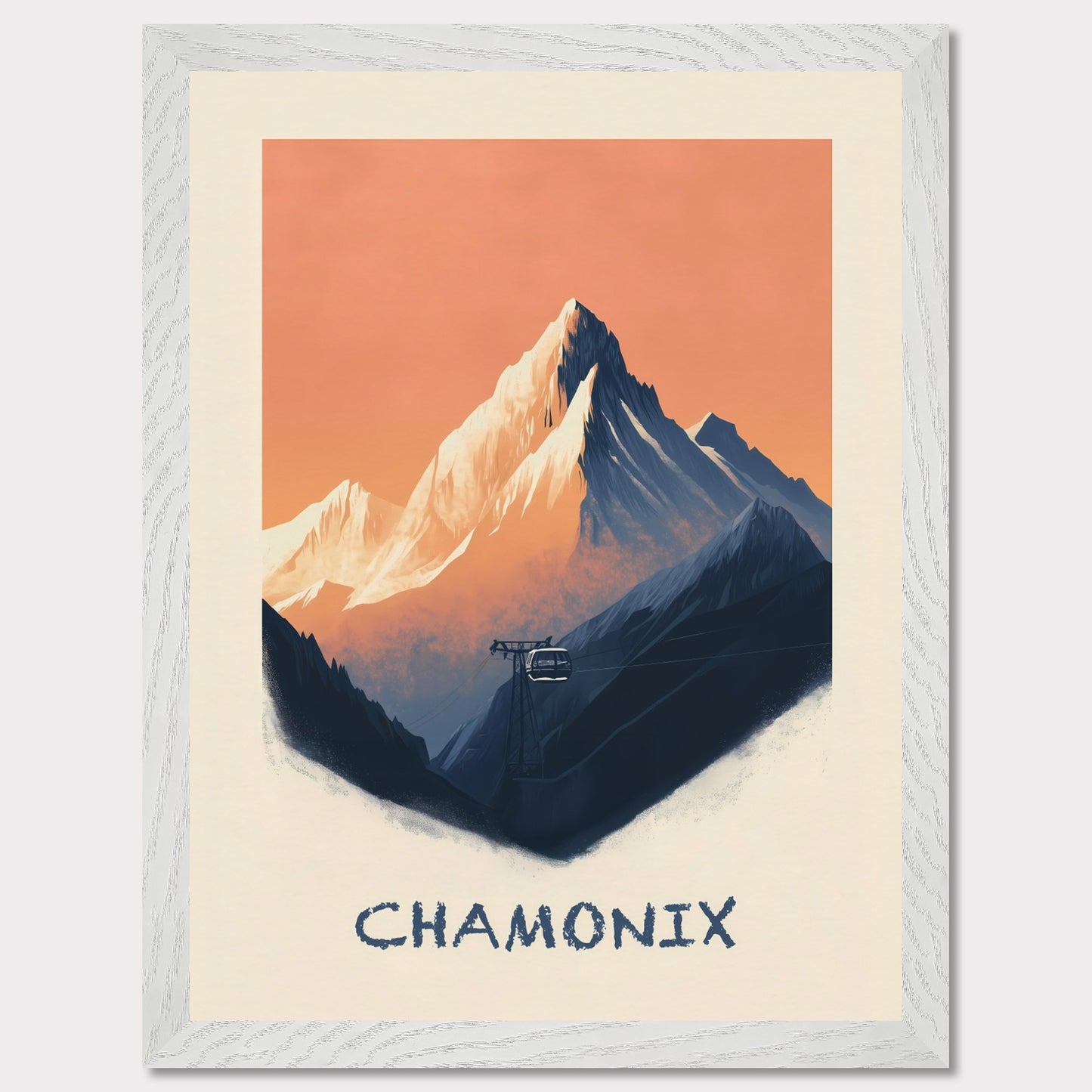 This breathtaking poster captures the rugged majesty of Chamonix, with the towering snow-capped peaks set against a warm, pastel sky. A cable car ascends through the mist, symbolizing adventure, exploration, and the timeless allure of the Alps.