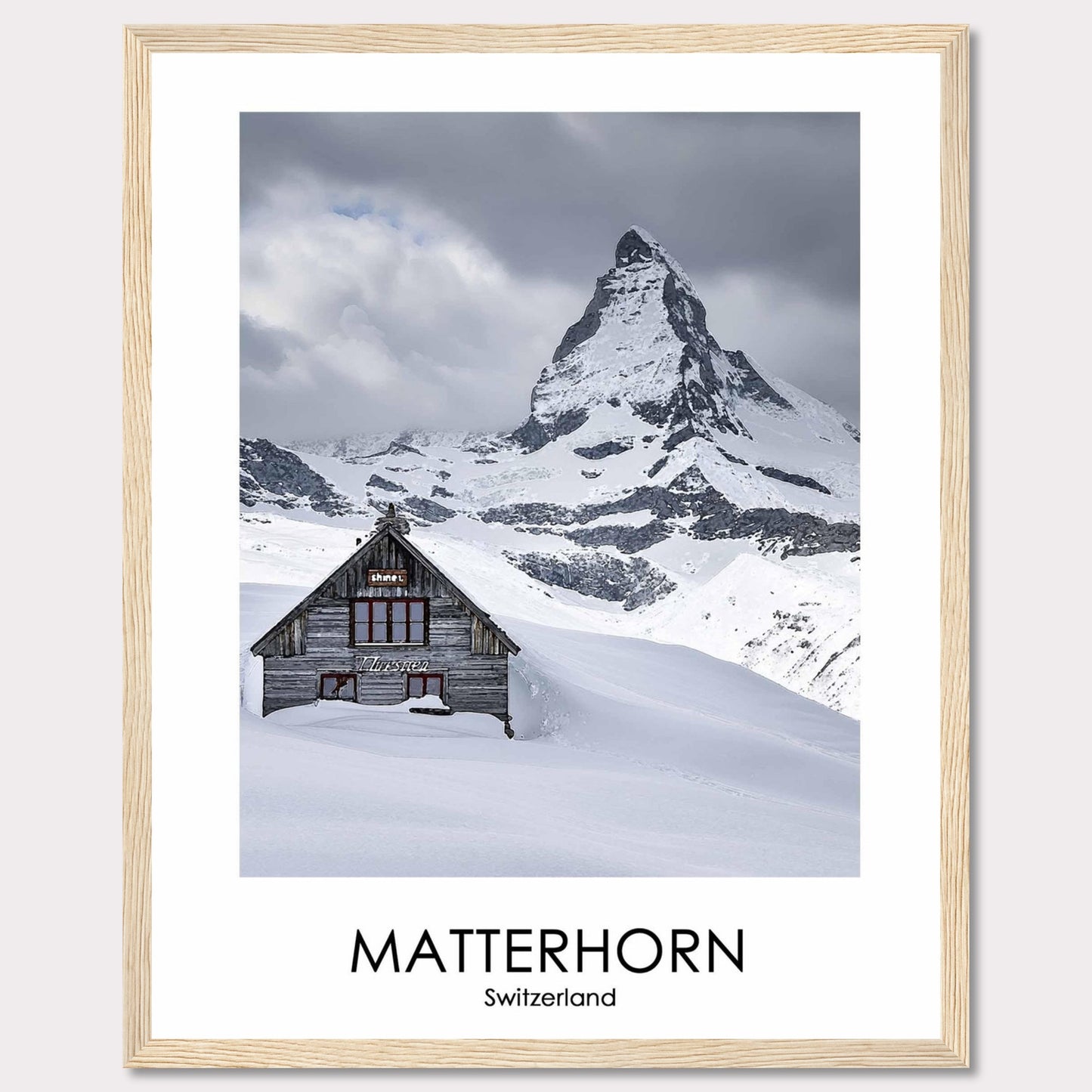 This stunning photograph captures the iconic Matterhorn in Switzerland, with a charming wooden cabin nestled in the snow-covered landscape. The majestic peak rises dramatically against a cloudy sky, creating a breathtaking scene of natural beauty.