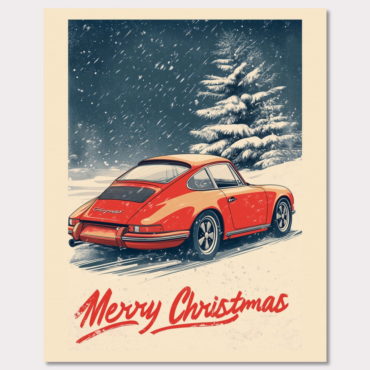 This nostalgic holiday poster features a striking red Porsche driving through a snow-covered landscape, with festive snowflakes gently falling around the scene. A snowy tree and soft winter hues create a cozy and festive atmosphere. The bold "Merry Christmas" typography adds an extra touch of holiday cheer, making it a perfect way to celebrate the season with a classic car enthusiast's touch.