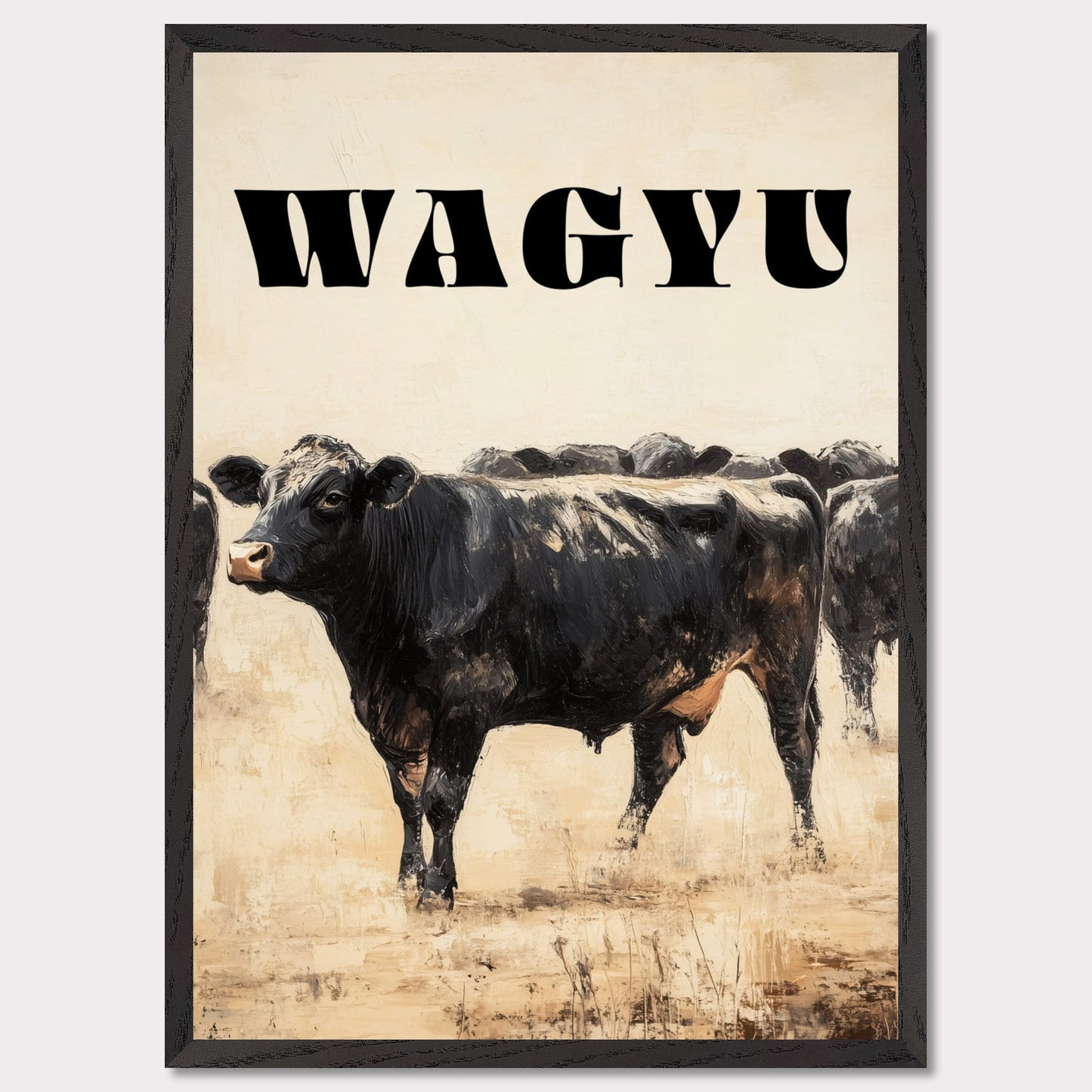 This image features a striking illustration of a Wagyu cow standing prominently in the foreground. The word "WAGYU" is boldly displayed at the top in large, black letters. The background shows more cows, adding depth to the scene.