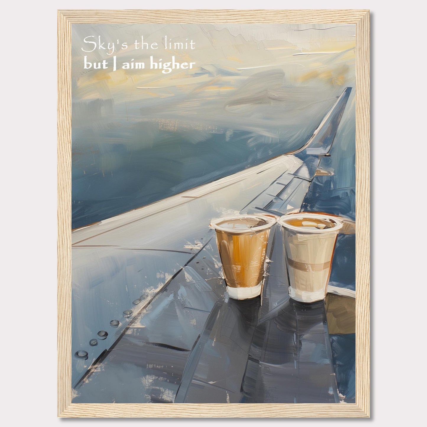 This image features a painted depiction of an airplane wing with two cups of coffee placed on it. The sky is depicted in soft, calming hues, suggesting a serene atmosphere. The text "Sky's the limit but I aim higher" is written in the upper left corner, adding an inspirational element to the artwork.