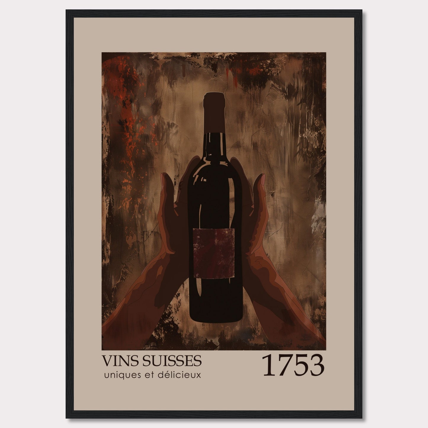 This image showcases a framed poster featuring a bottle of wine held by two hands against an abstract, textured background.