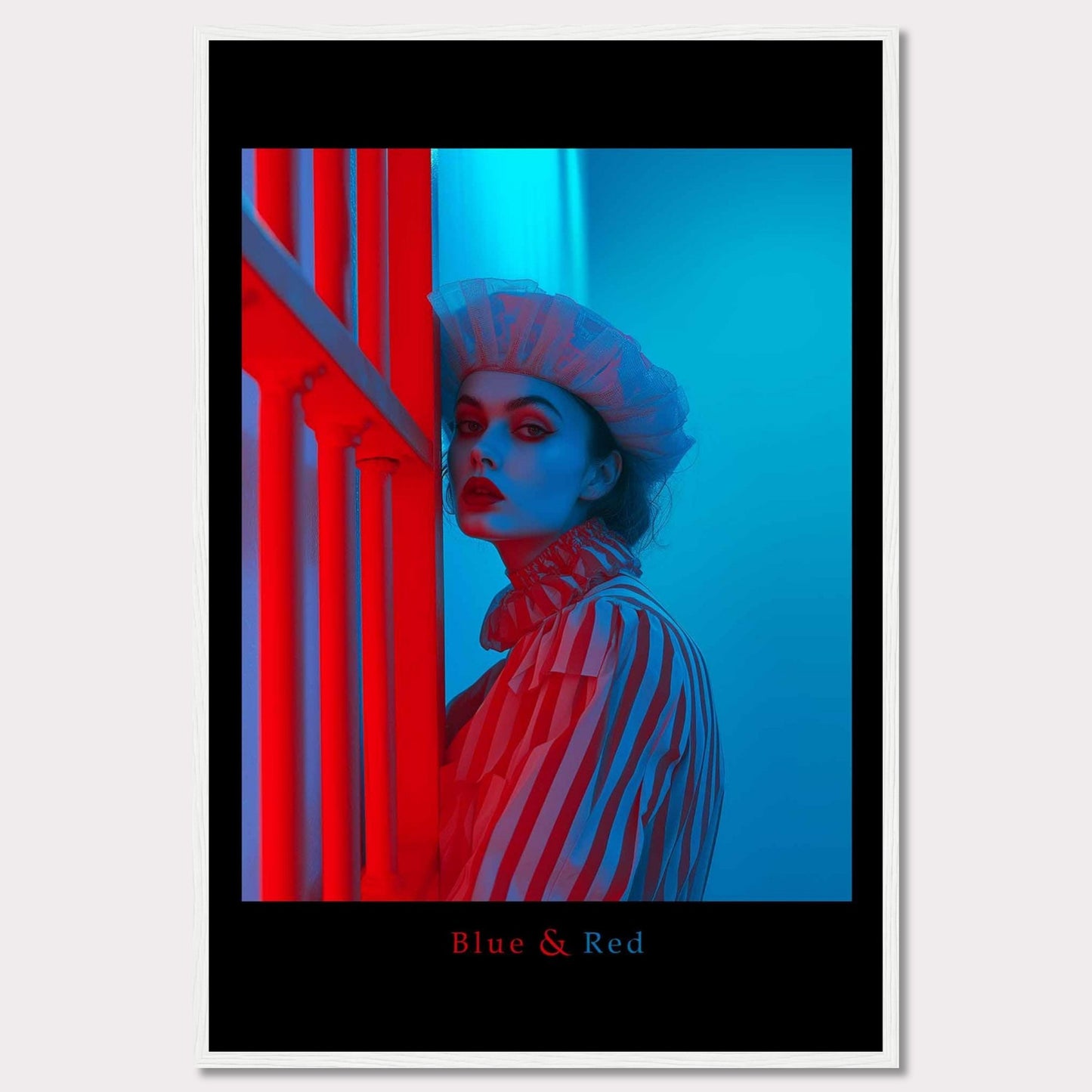 This striking poster features a dramatic portrait of a woman illuminated in contrasting blue and red lighting. The subject is dressed in a striped outfit and a sheer headpiece, creating a bold and artistic visual effect.