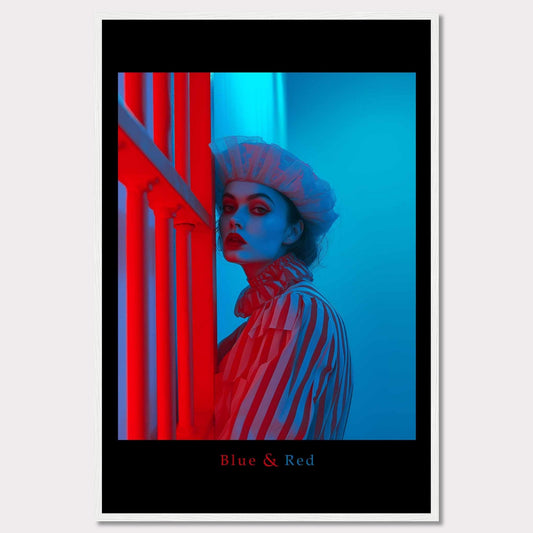 This striking poster features a dramatic portrait of a woman illuminated in contrasting blue and red lighting. The subject is dressed in a striped outfit and a sheer headpiece, creating a bold and artistic visual effect.