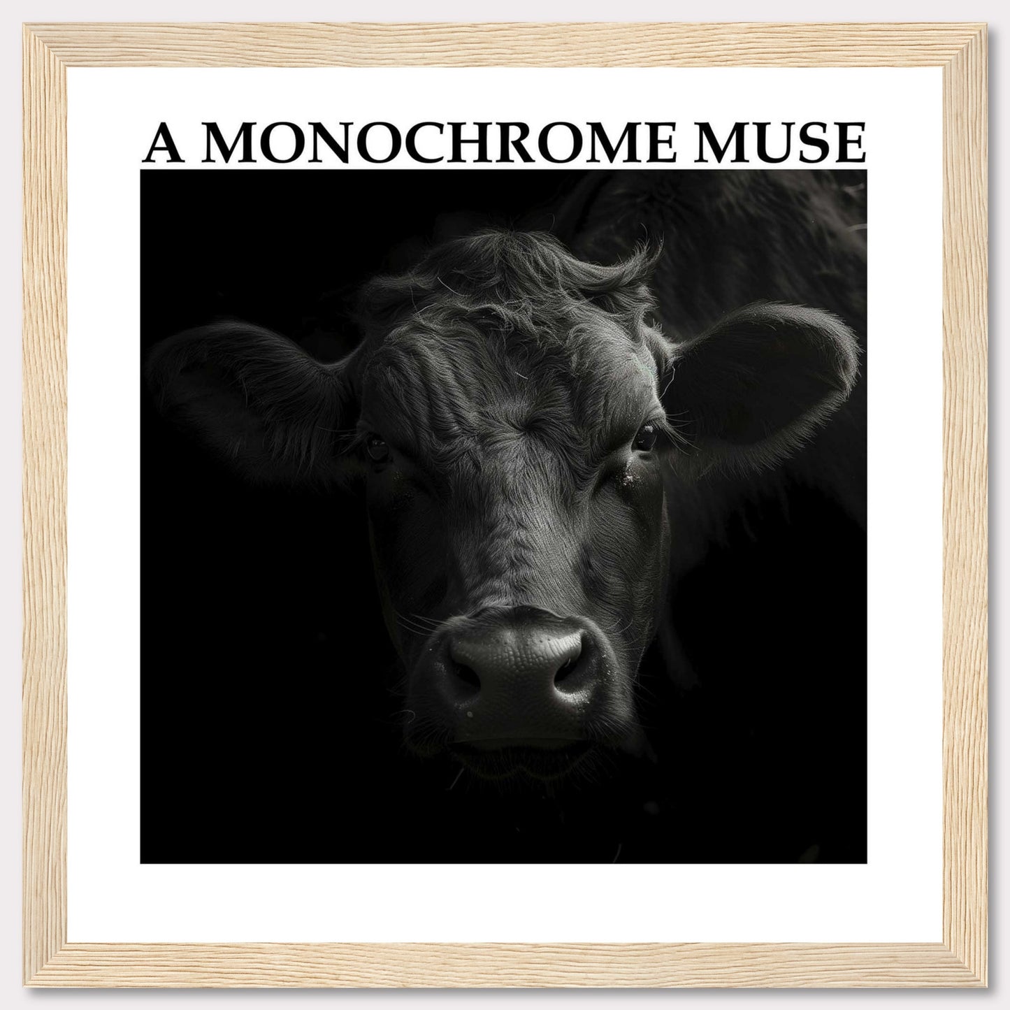 This striking black and white photograph captures the intense gaze of a cow, bringing out its raw beauty and strength. The monochrome effect adds depth and drama to the image, making it a captivating piece of art.