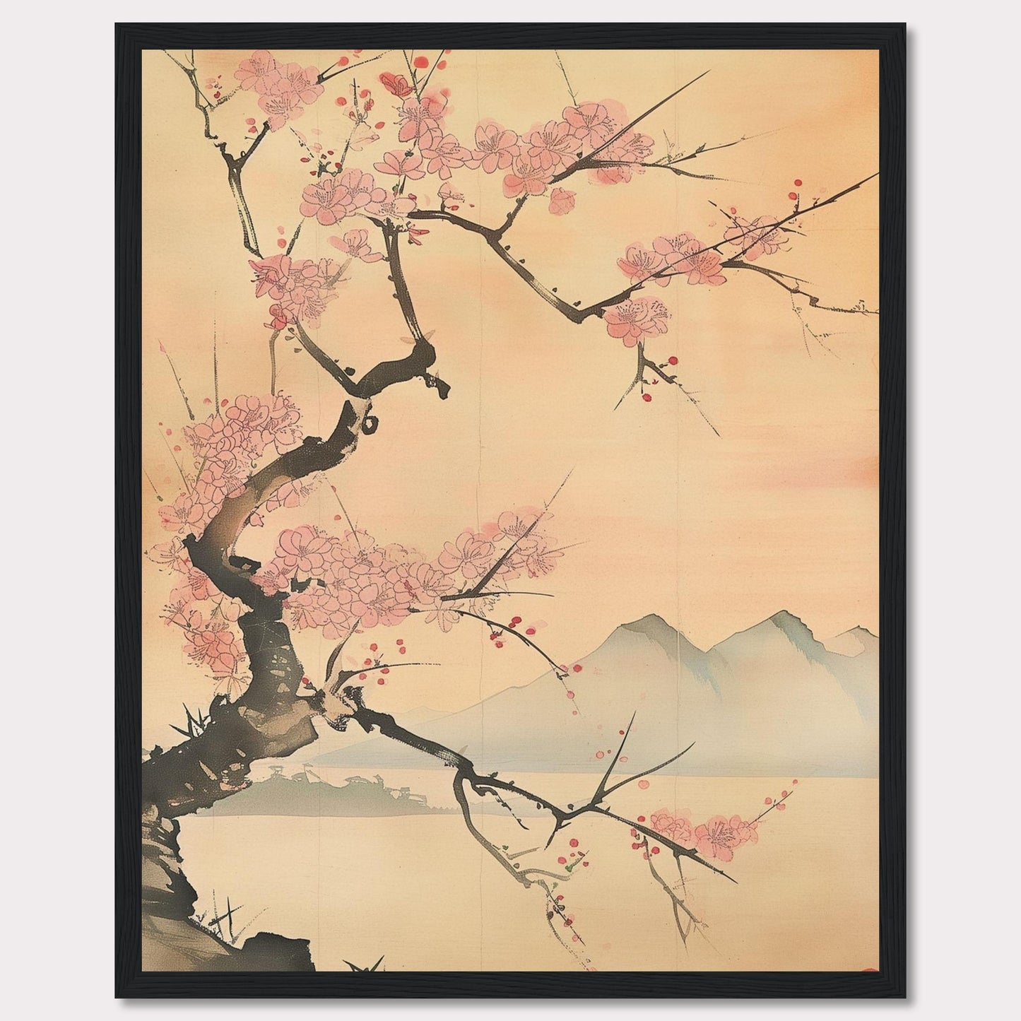 This beautiful artwork features a delicate cherry blossom tree in full bloom against a serene backdrop of distant mountains. The soft pastel hues create a tranquil and calming atmosphere, perfect for any living space.