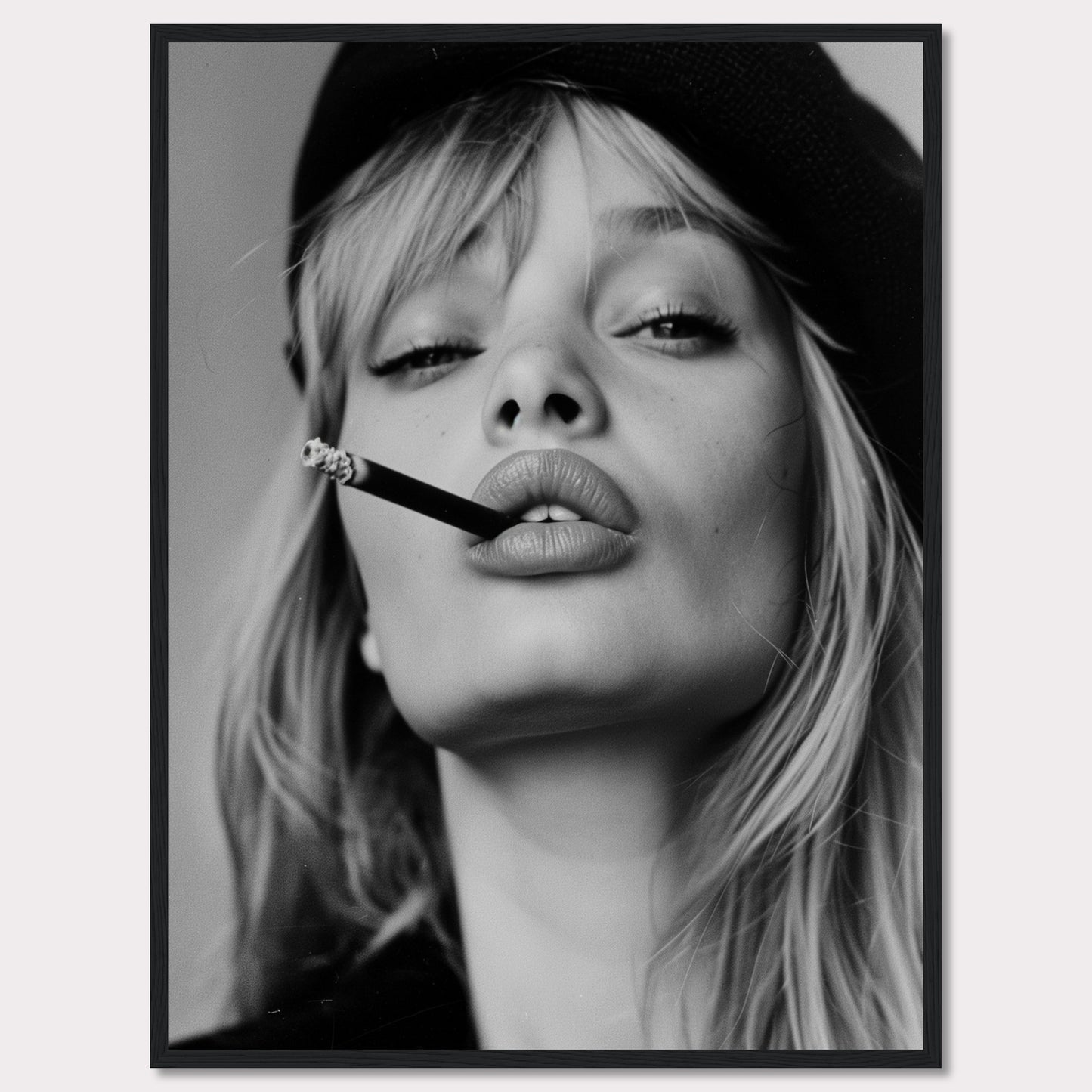 This striking black and white portrait captures a woman with a cigarette between her lips, exuding confidence and allure. Her intense gaze, slightly parted lips, and the casual placement of the cigarette create a bold and edgy aesthetic. The image is framed in a sleek black border, adding to its sophisticated appeal.