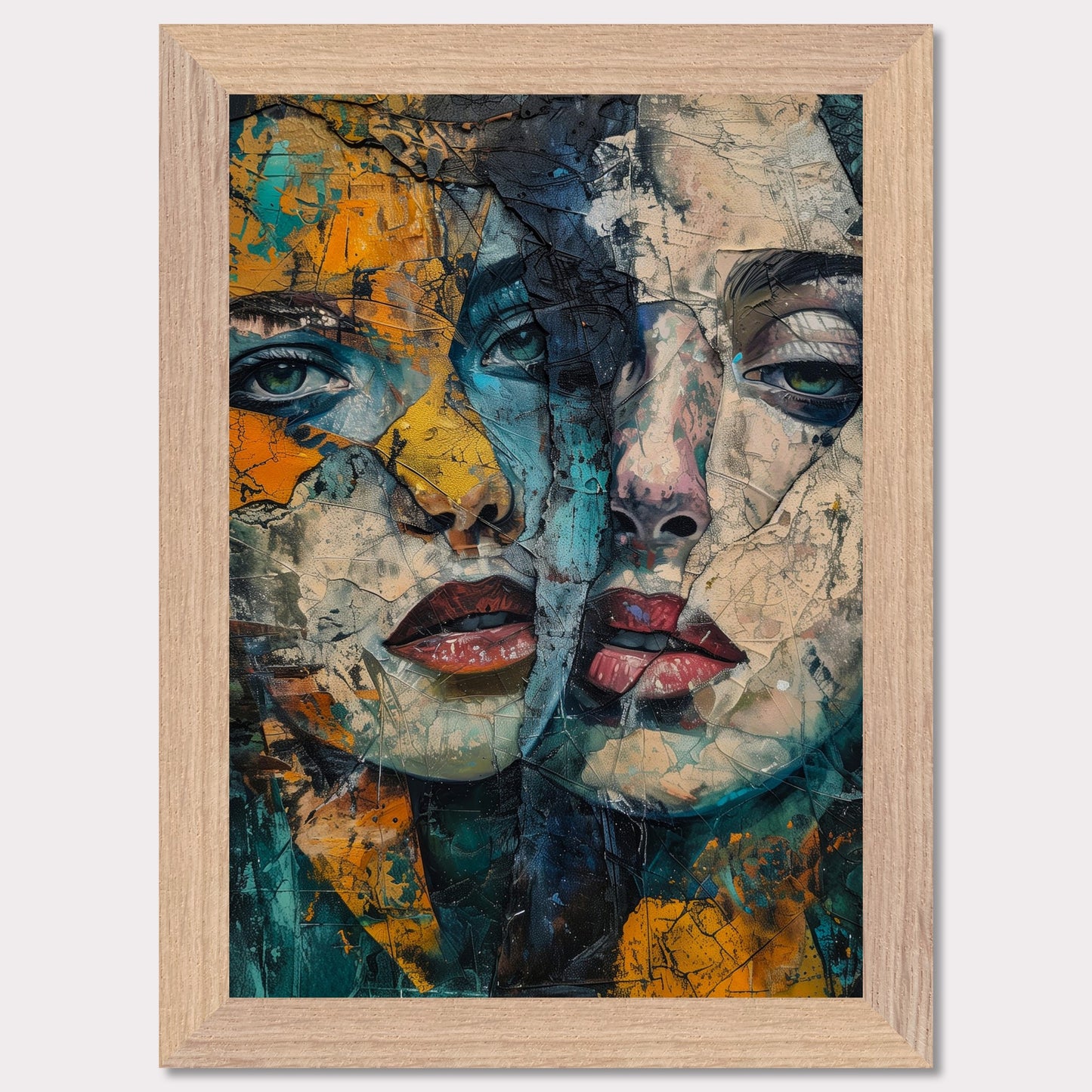 This captivating artwork features two intertwined, abstract faces with a rich blend of colors and textures. The painting exudes a sense of mystery and depth, drawing the viewer into its intricate details.