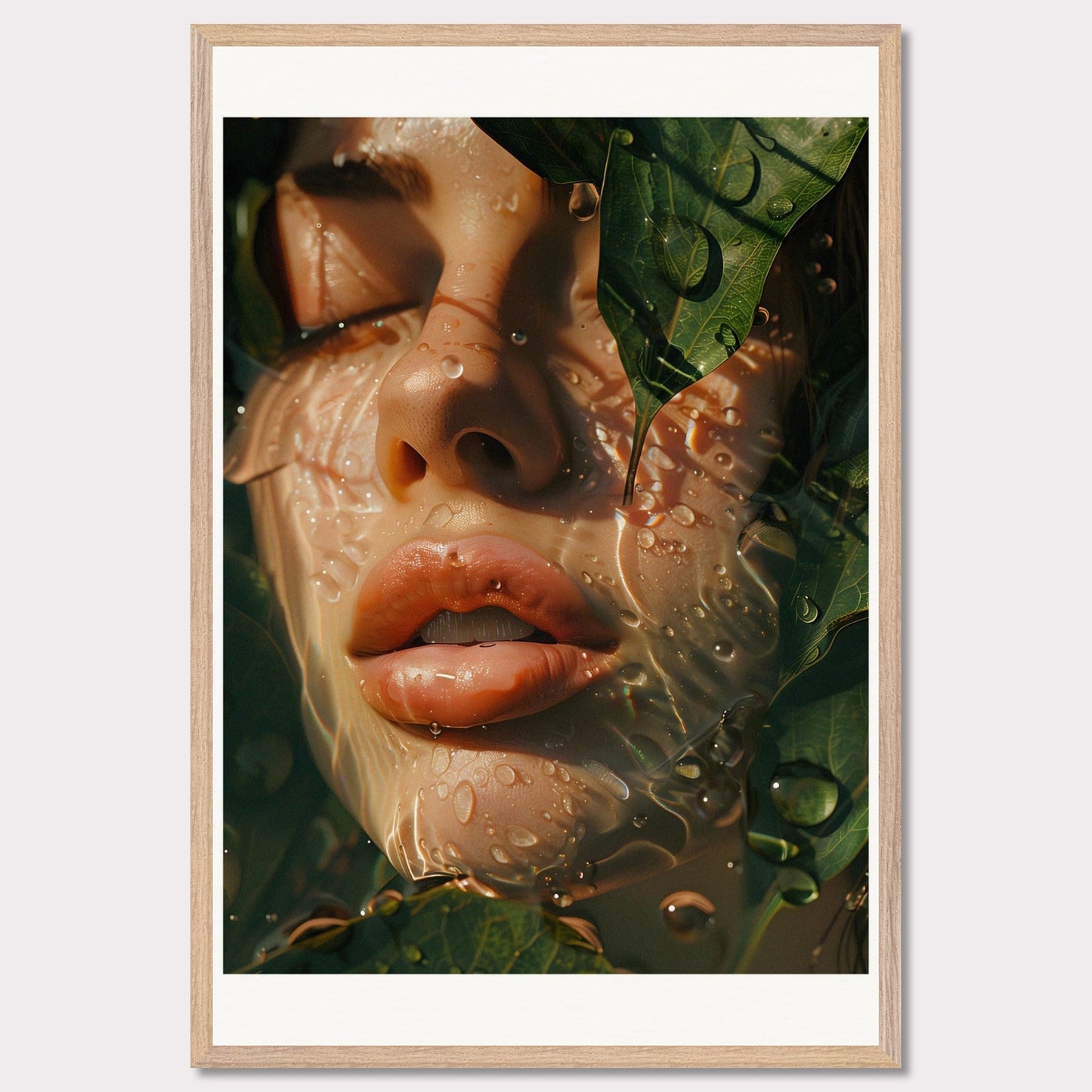 This is an artistic illustration depicting a close-up of a woman's face partially covered by leaves and water droplets.

This poster would fit well in a modern living room, bedroom, or office space, adding a touch of nature and surreal beauty to the decor.