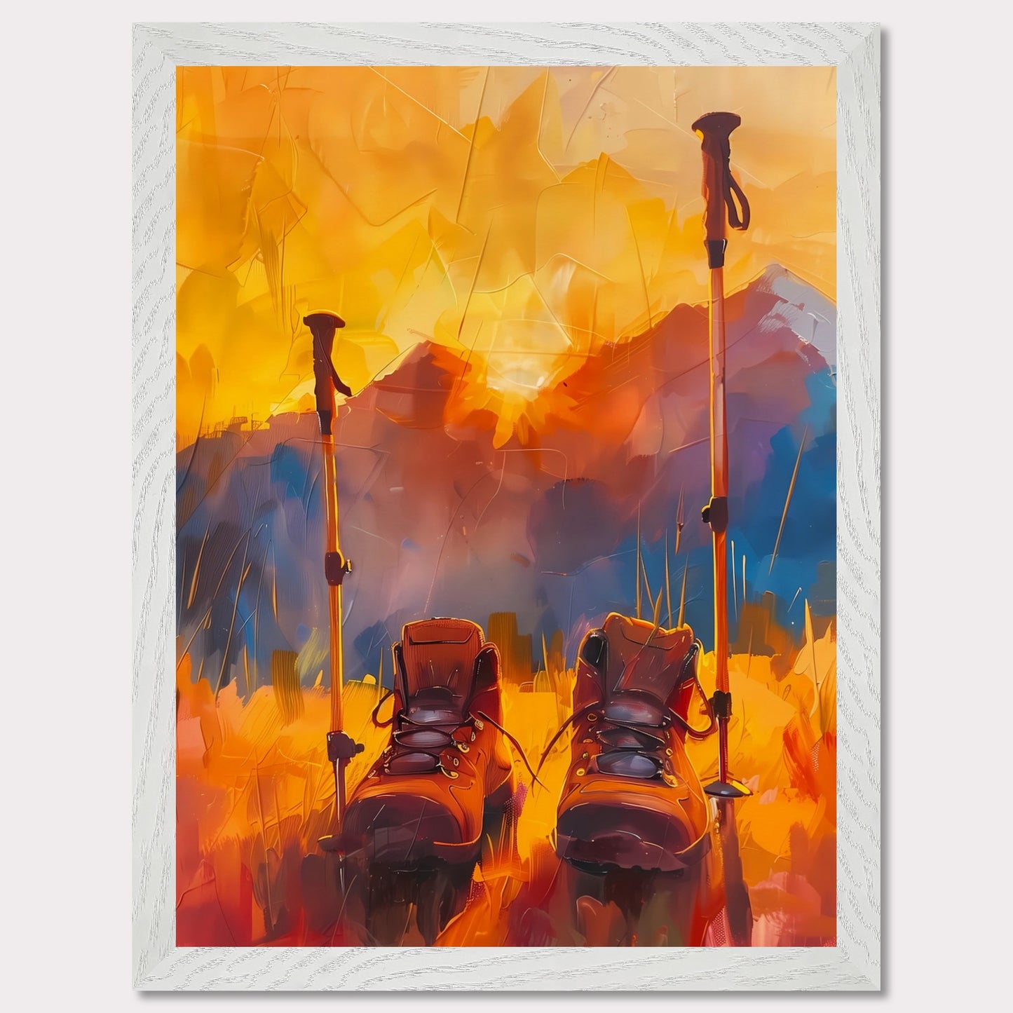 This illustration depicts a pair of hiking boots and trekking poles set against a vibrant, abstract background of mountains and a sunset.