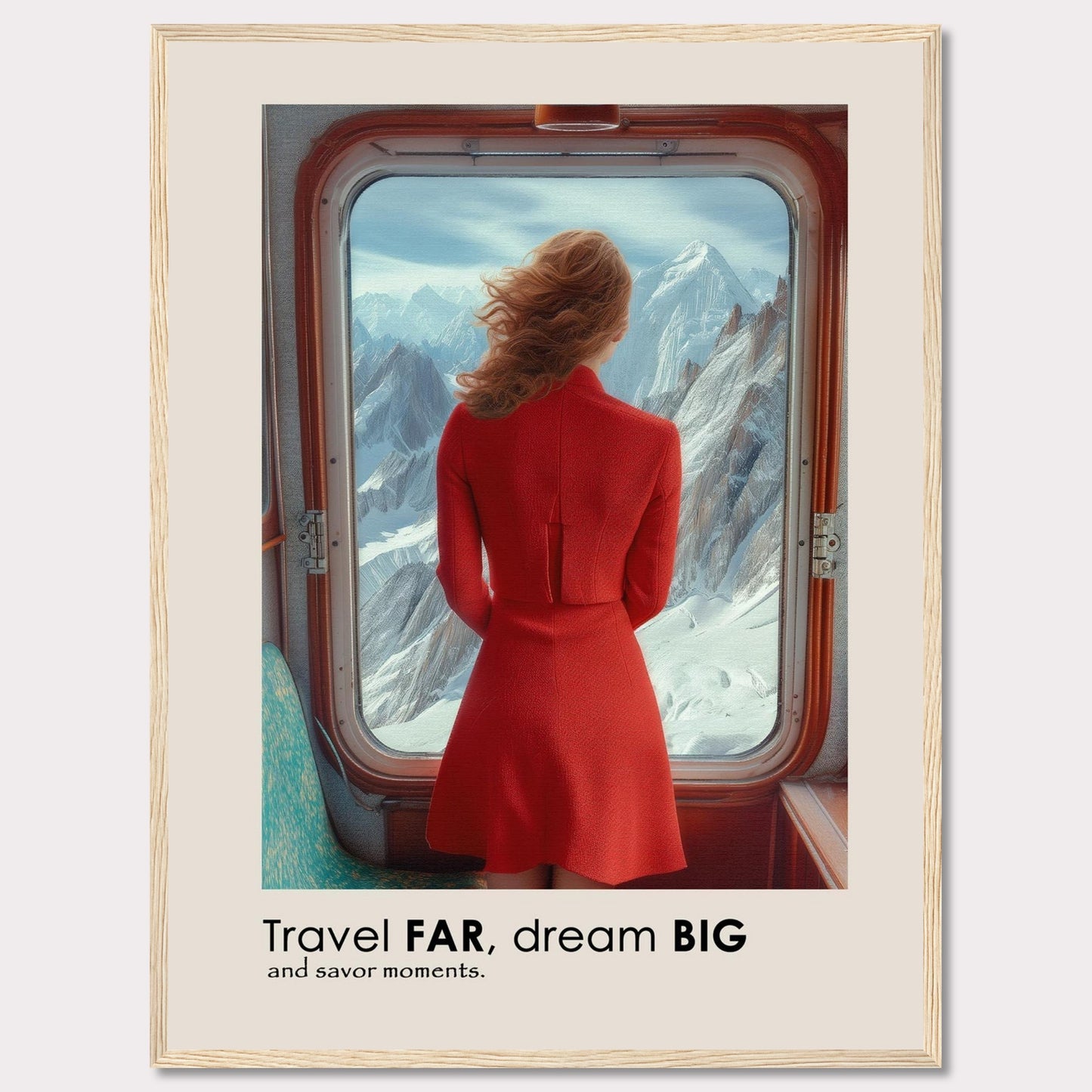 A woman in a red dress gazes out of a train window at majestic snow-covered mountains.