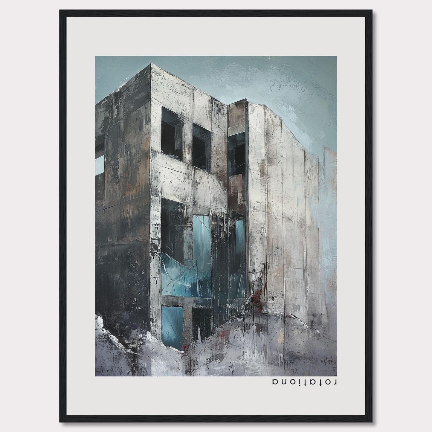 This striking artwork captures a modern, abstract building with a raw and industrial aesthetic. The painting features a weathered facade with large, dark windows, and a mix of cool and neutral tones that evoke a sense of mystery and intrigue.