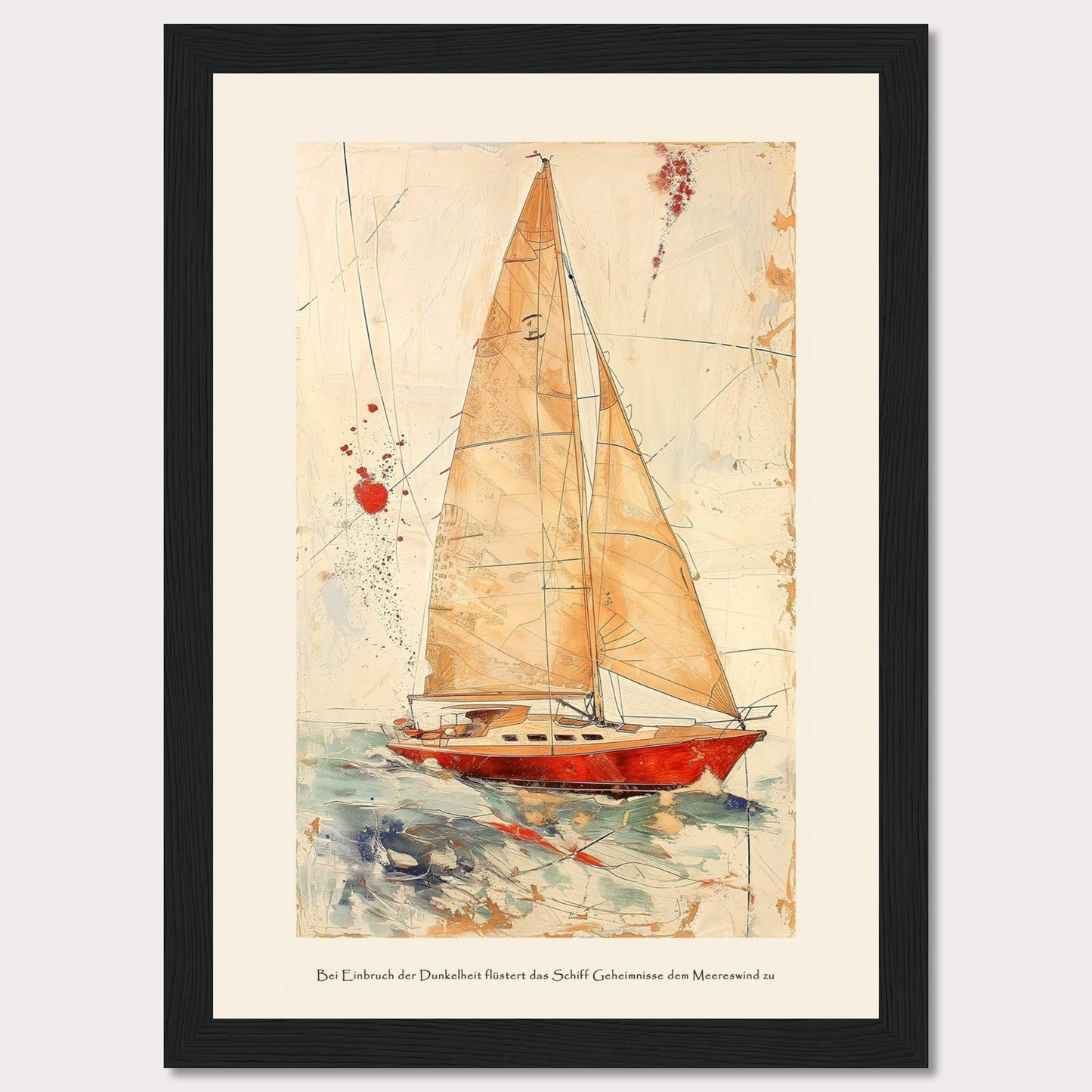 This artwork depicts a stunning sailboat navigating through the ocean with its sails fully unfurled. The painting features a vibrant red boat set against a dynamic background of abstract lines and splashes of color, giving a sense of movement and adventure. The text at the bottom reads: "Bei Einbruch der Dunkelheit flüstert das Schiff Geheimnisse dem Meereswind zu," which translates to "At dusk, the ship whispers secrets to the sea breeze."