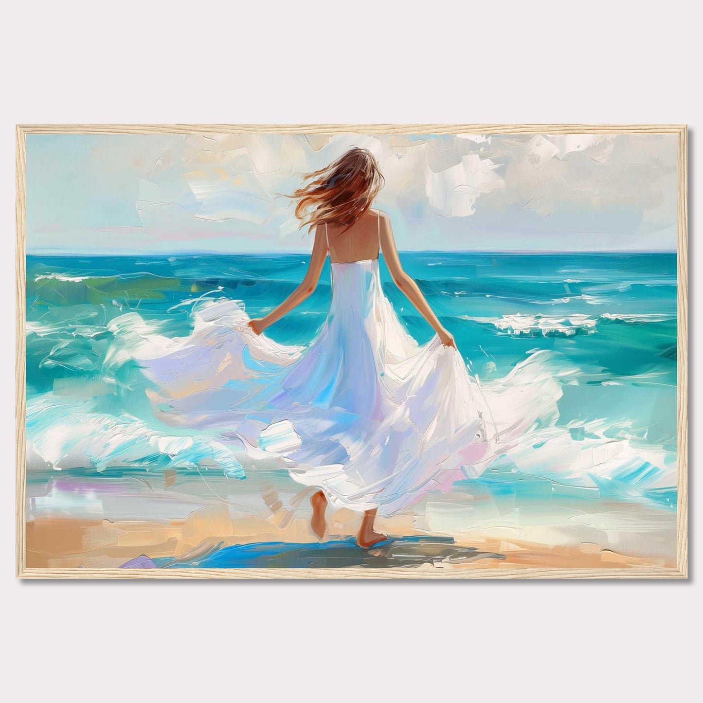 This stunning painting captures a serene moment of a woman in a flowing white dress standing at the edge of the ocean, with waves gently crashing onto the shore. The vibrant colors and dynamic brushstrokes bring this scene to life, evoking a sense of peace and freedom.