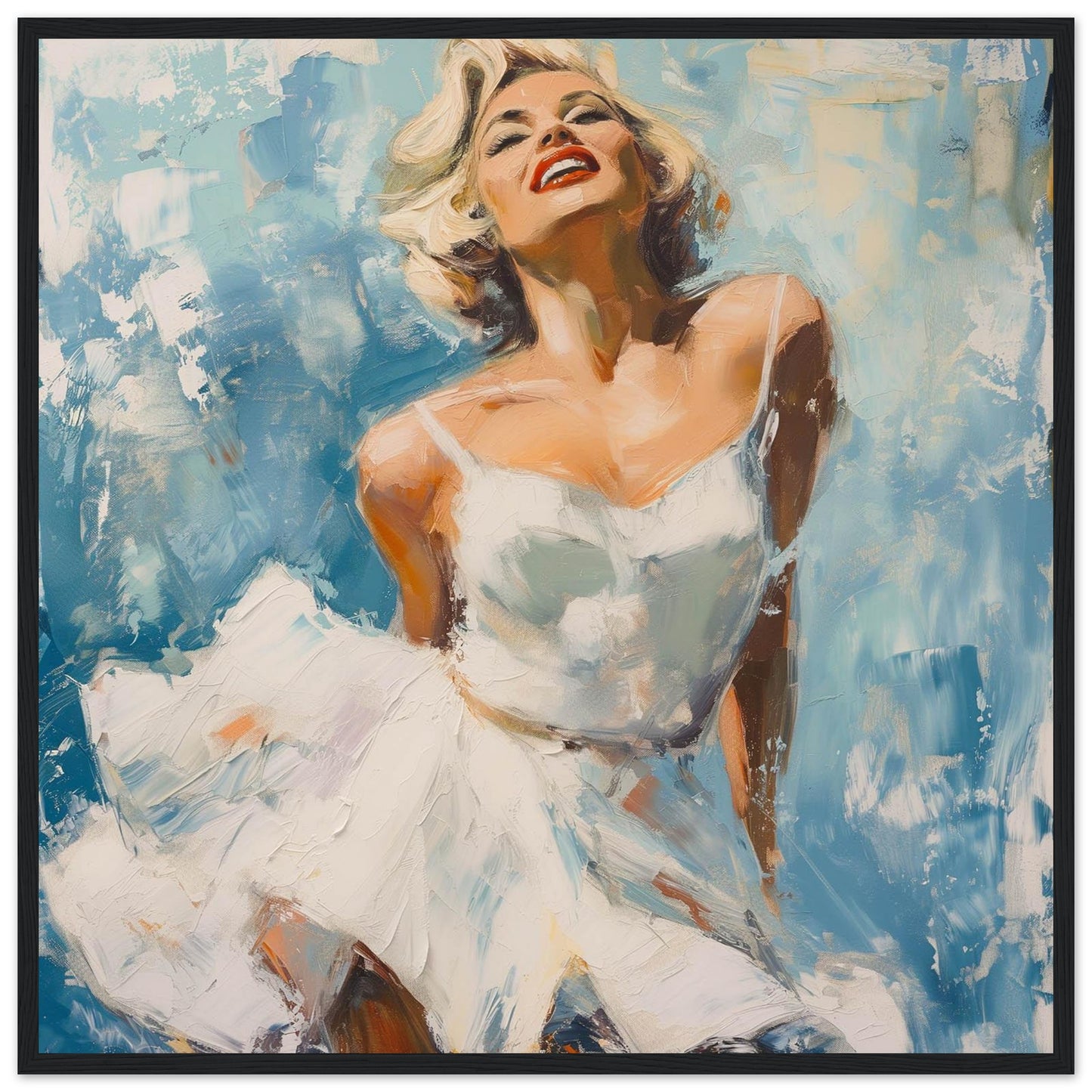 This vibrant painting captures the essence of joy and elegance, featuring a woman in a flowing white dress against a dynamic blue background. The bold brushstrokes and vivid colors evoke a sense of movement and freedom.