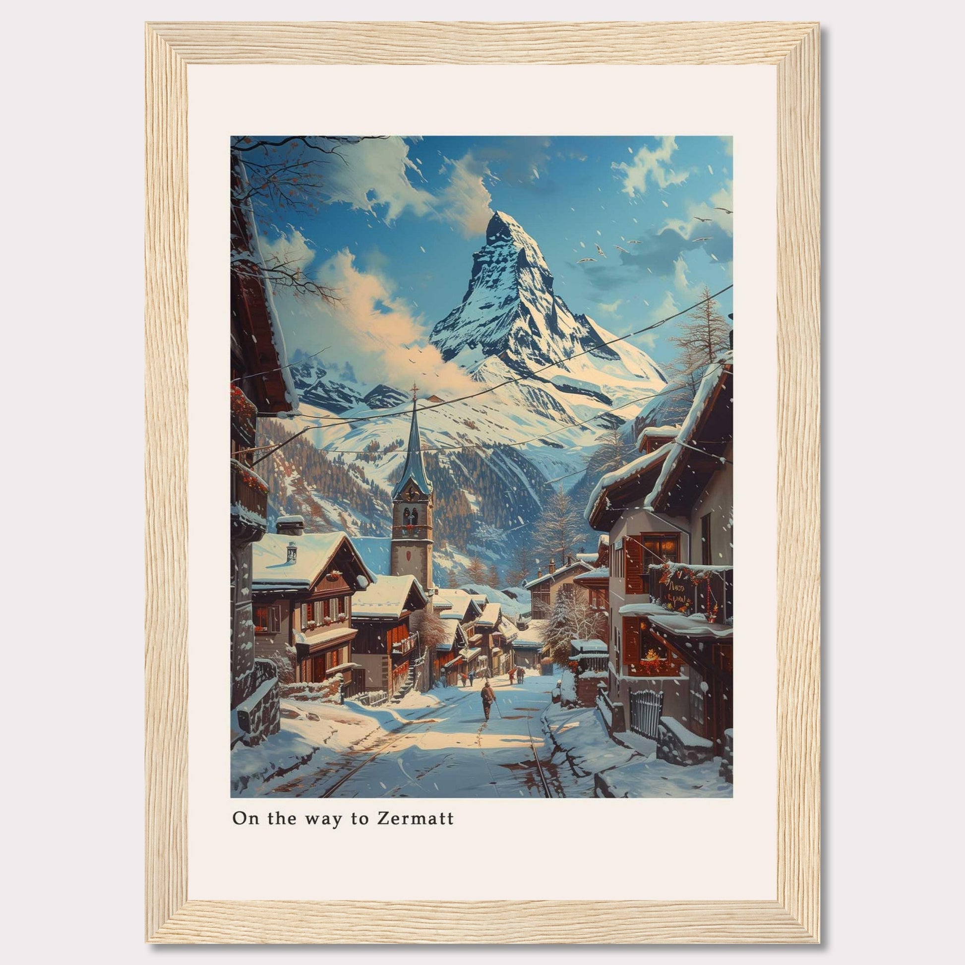 This beautiful artwork captures a serene winter scene on the way to Zermatt, featuring snow-covered rooftops and a majestic mountain in the background.